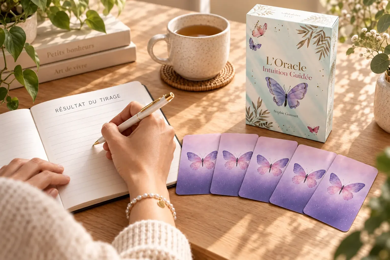 Résultat d’un tirage personnalisé à cinq cartes réalisé avec l’Oracle Intuition Guidée.