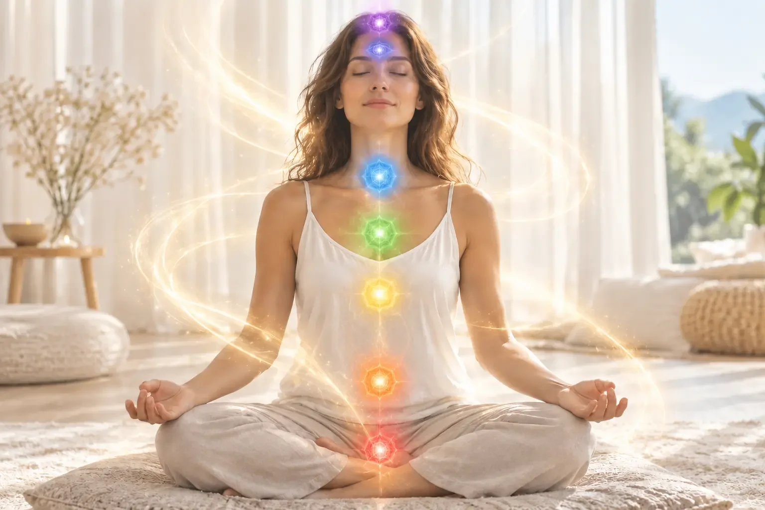 Personne en méditation entourée d’une lumière dorée avec les sept chakras équilibrés.