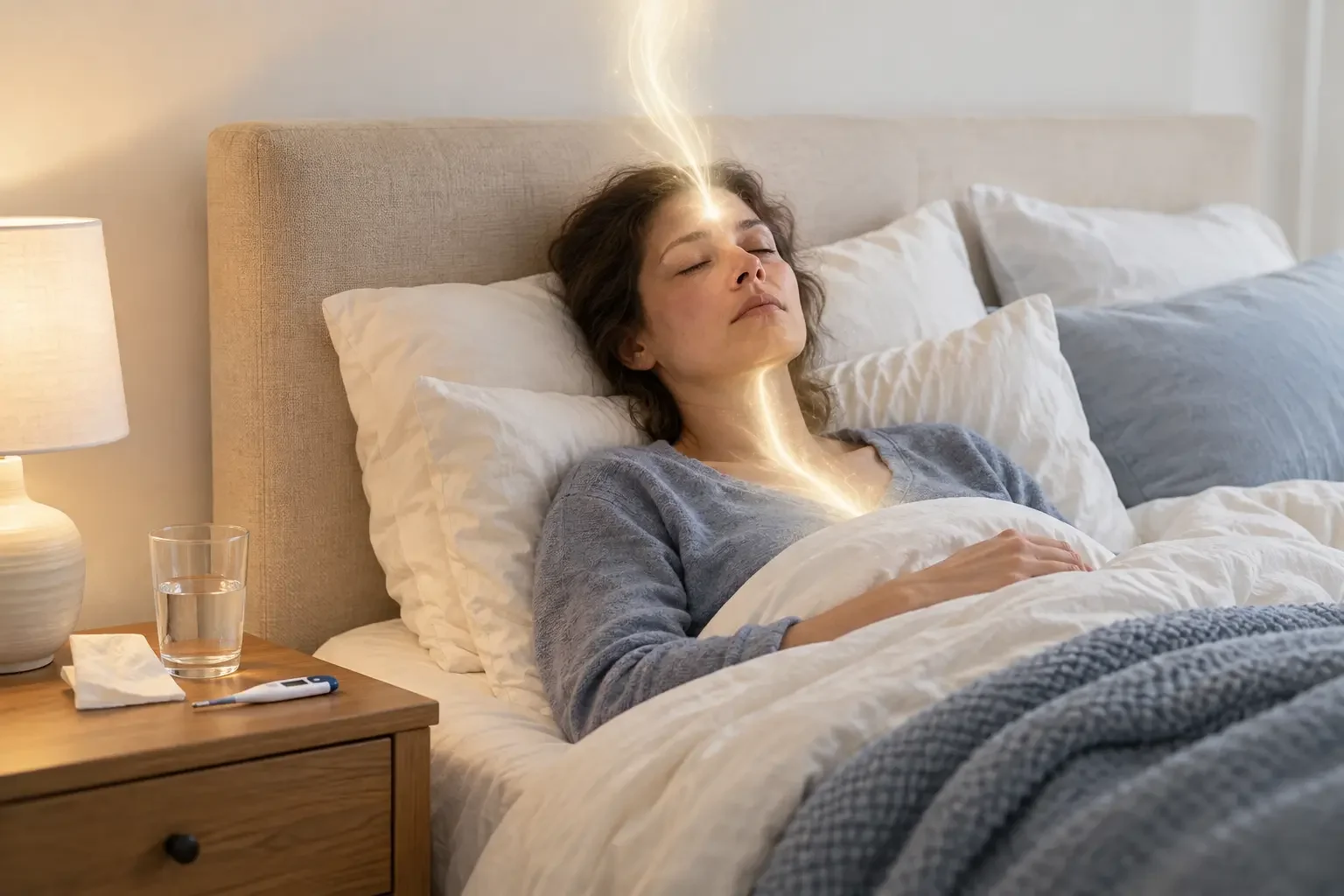 Personne alitée avec un verre d’eau et un thermomètre, recevant une énergie lumineuse par le haut de la tête pendant sa récupération.