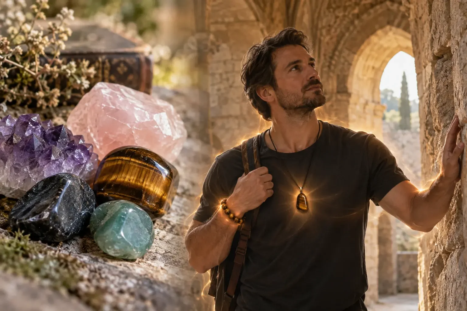 Homme portant un collier et un bracelet en pierres naturelles, entouré d’une lumière protectrice près de plusieurs minéraux.