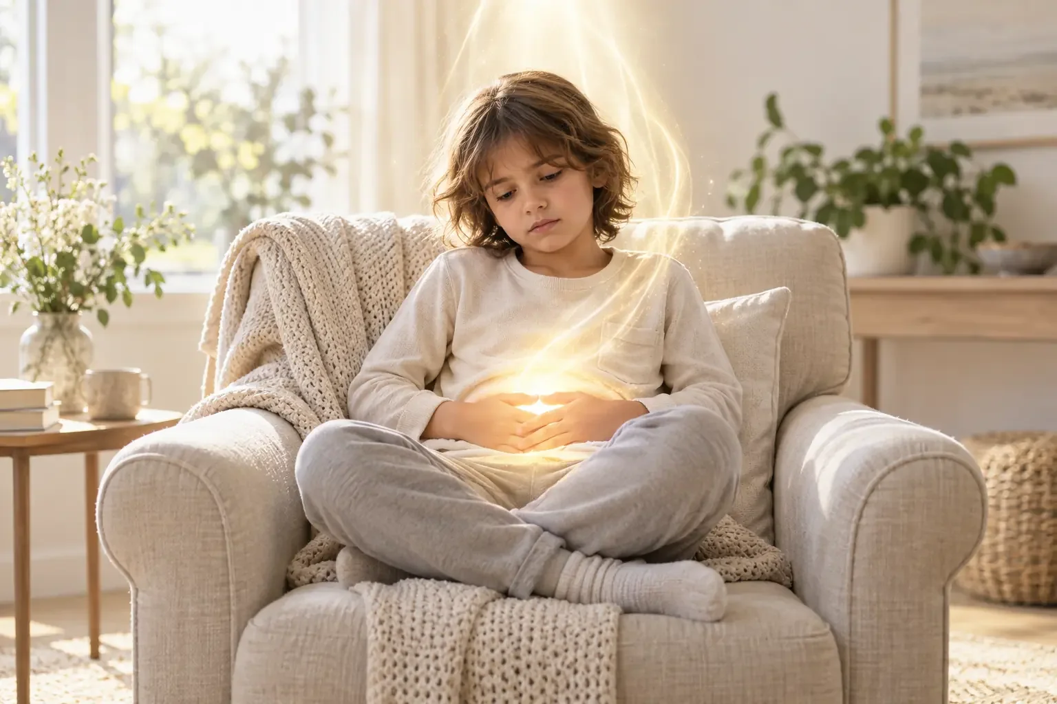 Enfant assis dans un fauteuil, recevant une énergie lumineuse apaisante concentrée sur le ventre.