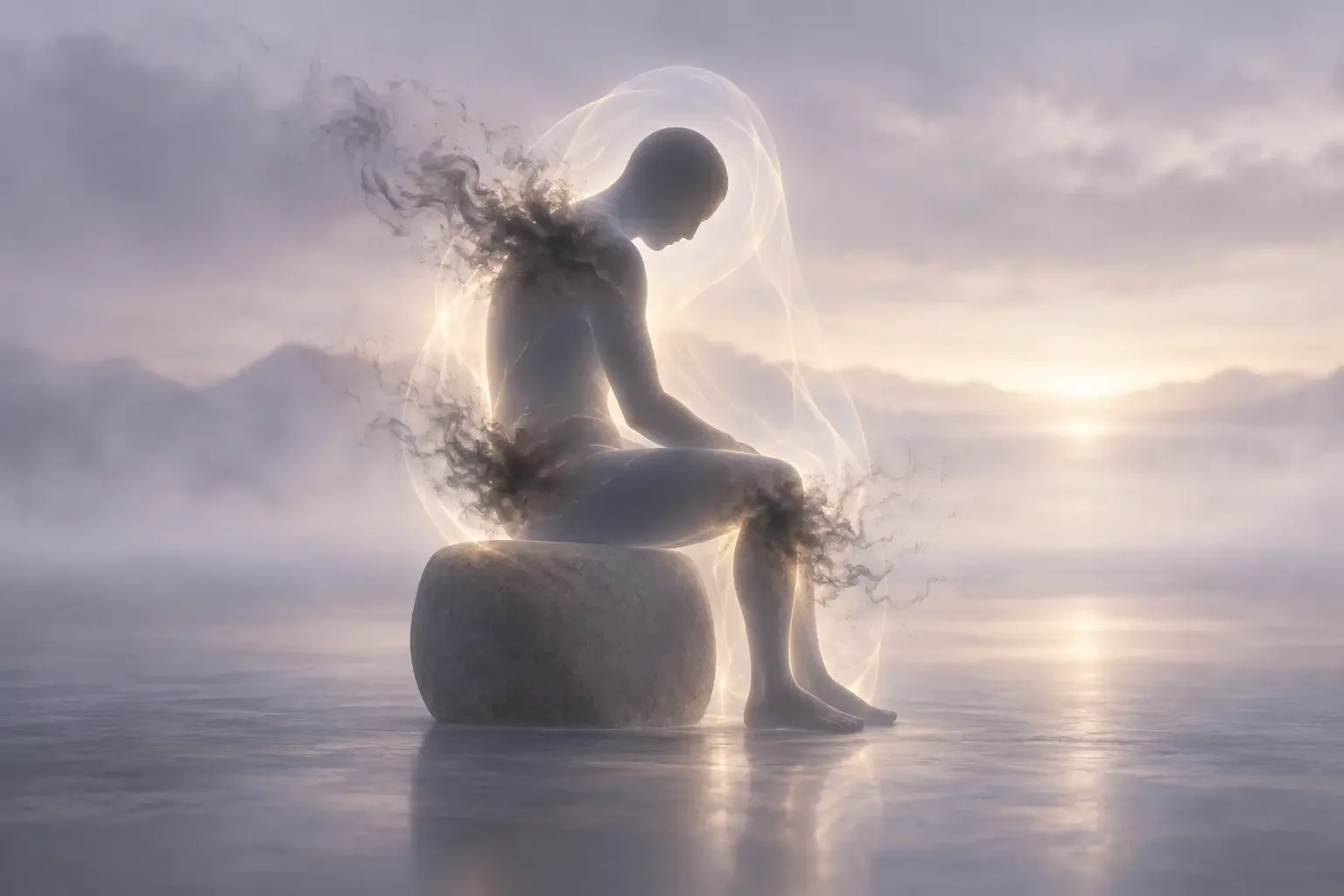 Silhouette assise entourée d’une énergie lumineuse, tandis que des zones sombres se dissipent au niveau du dos et des jambes, illustrant un soin à distance pour les douleurs physiques.