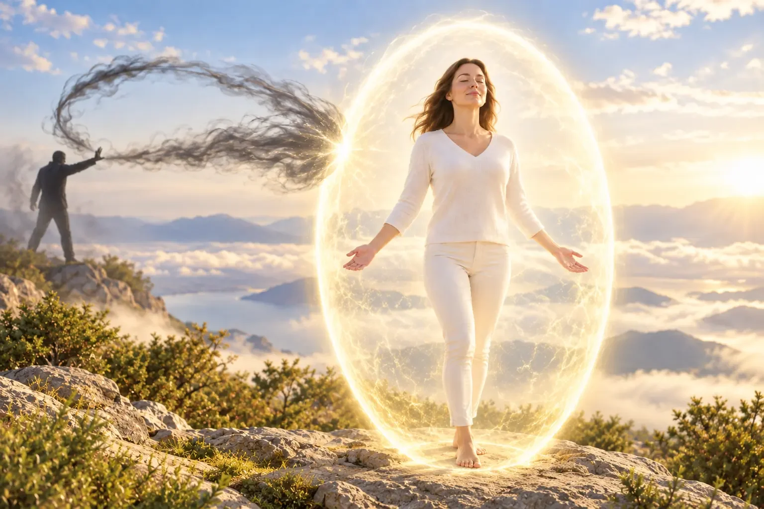 Personne entièrement entourée d’une protection énergétique lumineuse qui repousse une influence sombre envoyée à distance.