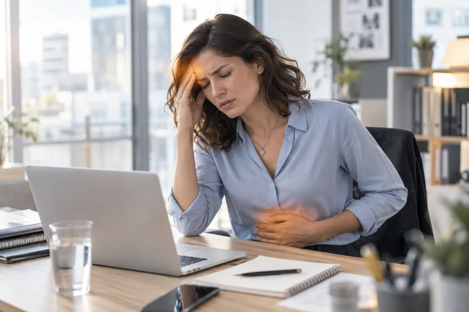 Femme assise à son bureau ressentant une migraine et un inconfort digestif, illustrant un soin personnalisé physique et émotionnel.