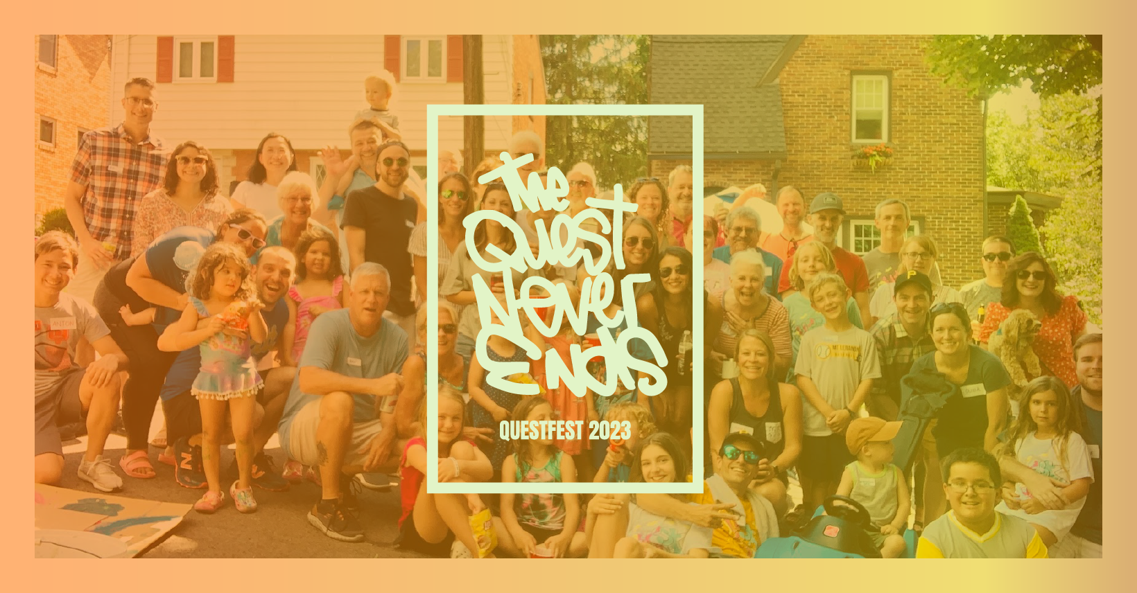 A group picture of all the neighbors on Questend for the QuestFest block party in Summer of 2023.