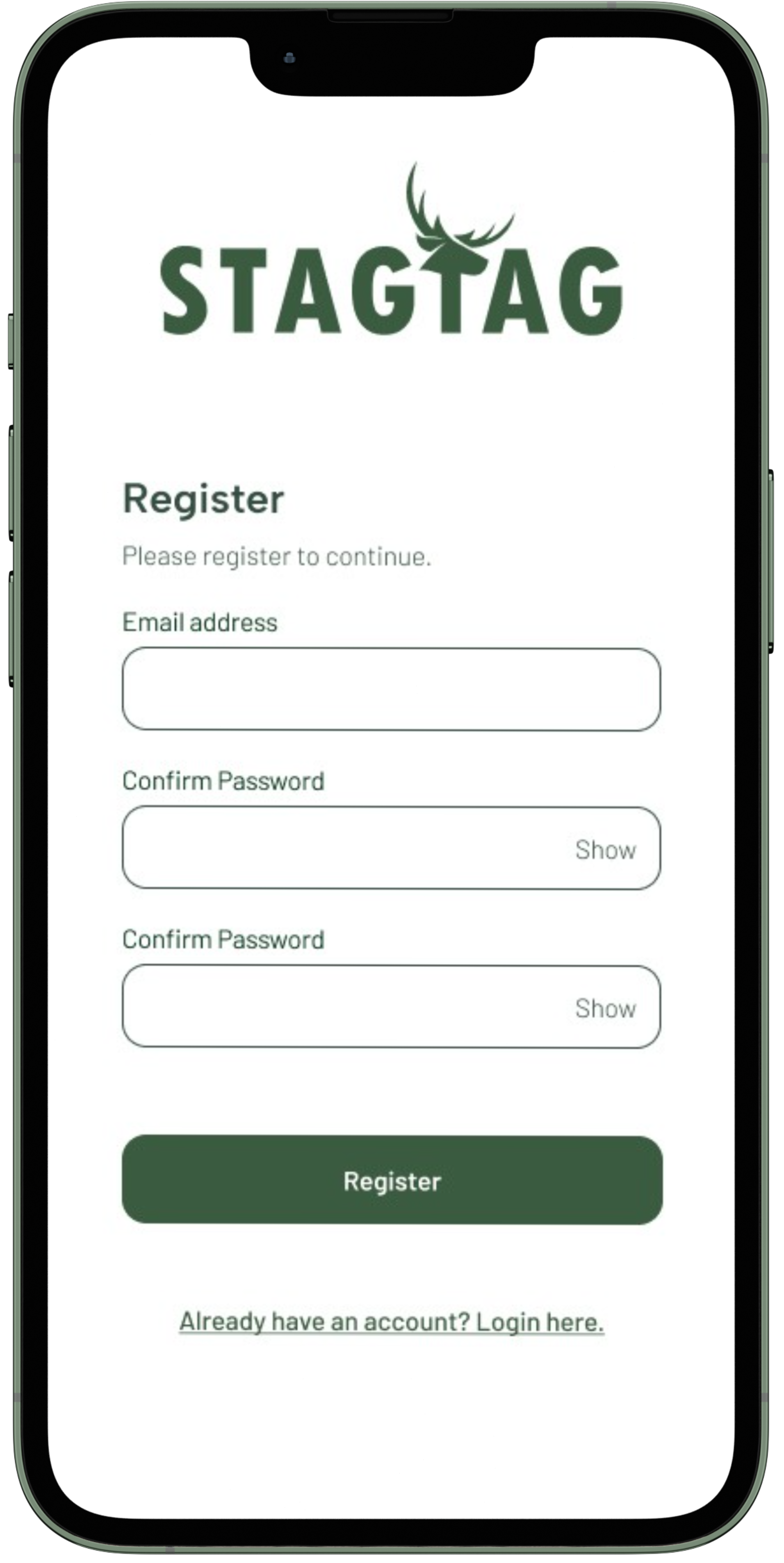 StagTag App Registration Screen