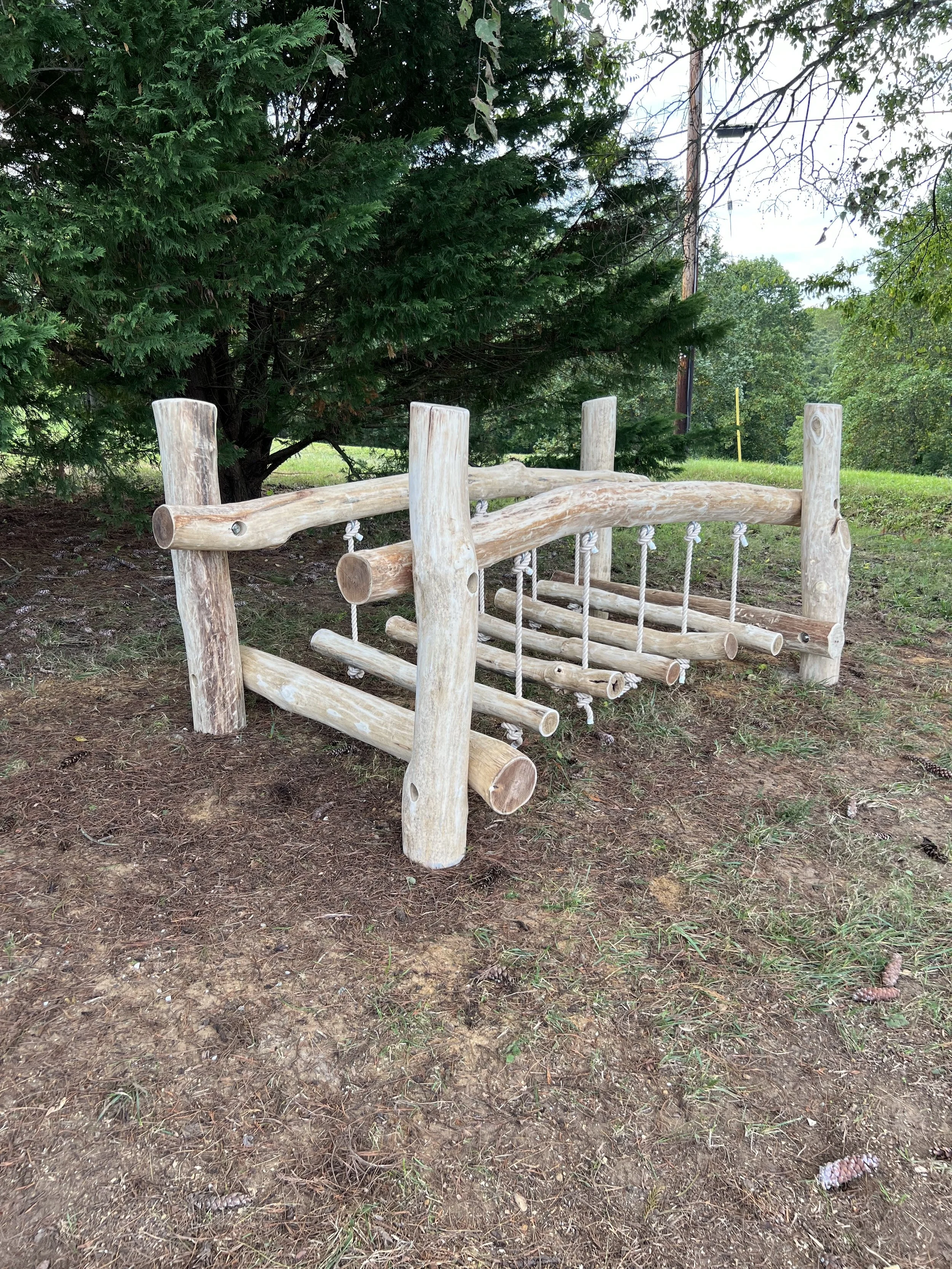 A wooden toddler swing set outdoors, placed on dirt ground, with green trees in the background.