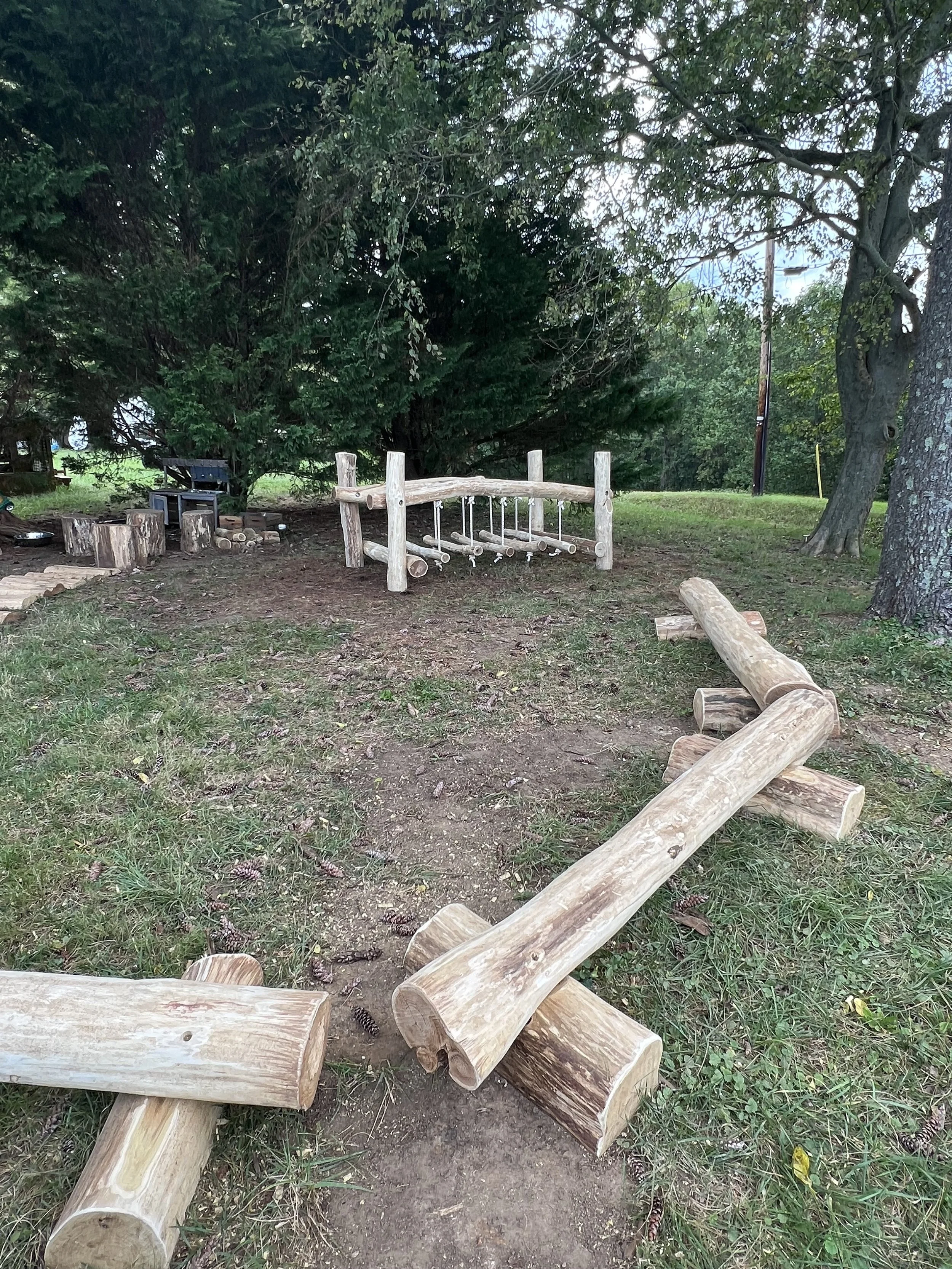 A small outdoor playground area with a wooden climbing structure, logs, and trees in the background, surrounded by grass and dirt.