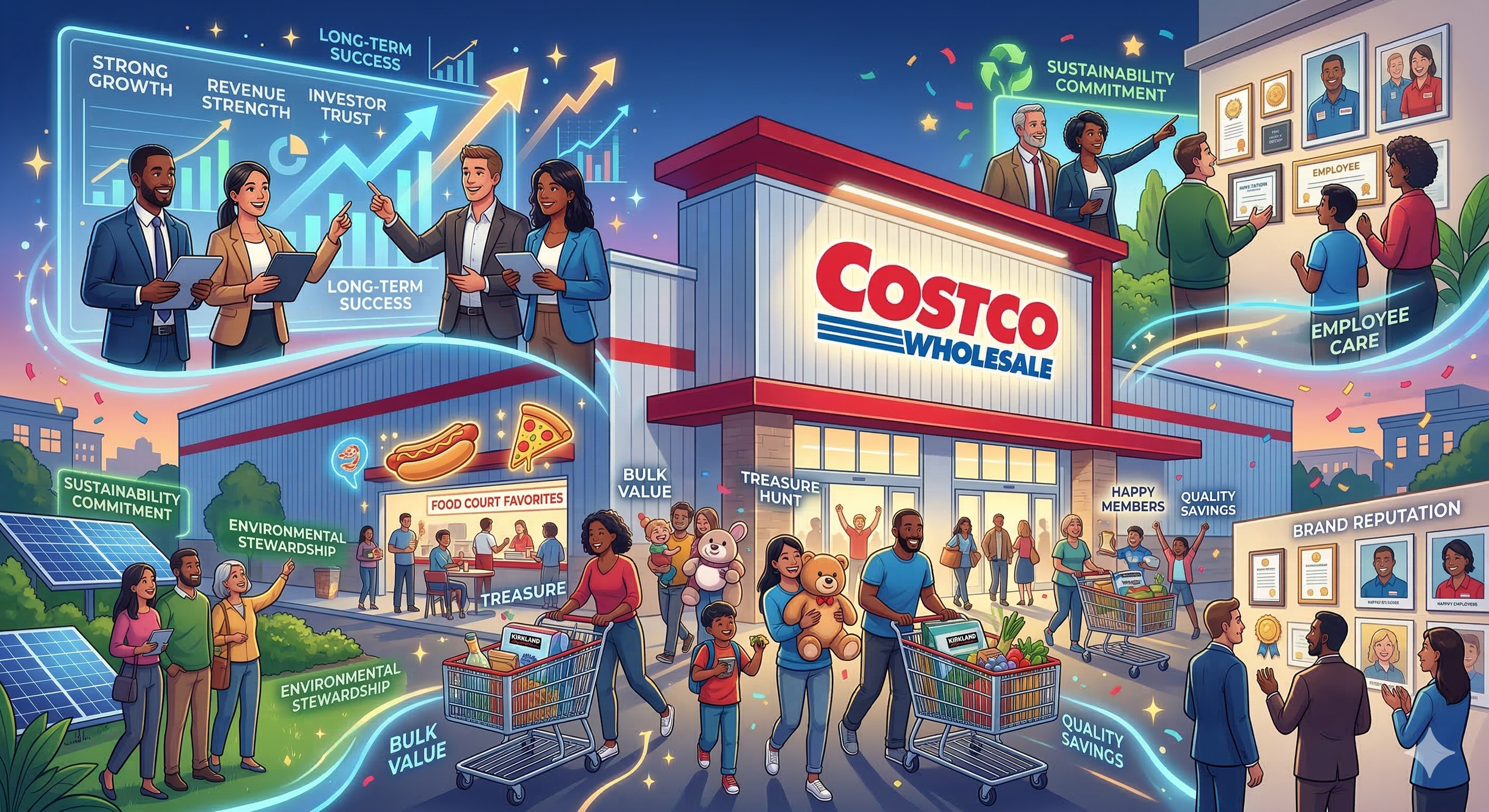 A detailed digital illustration of a Costco Wholesale warehouse showing various strategic pillars such as Bulk Value, Treasure Hunt, Environmental Stewardship, and Employee Care.