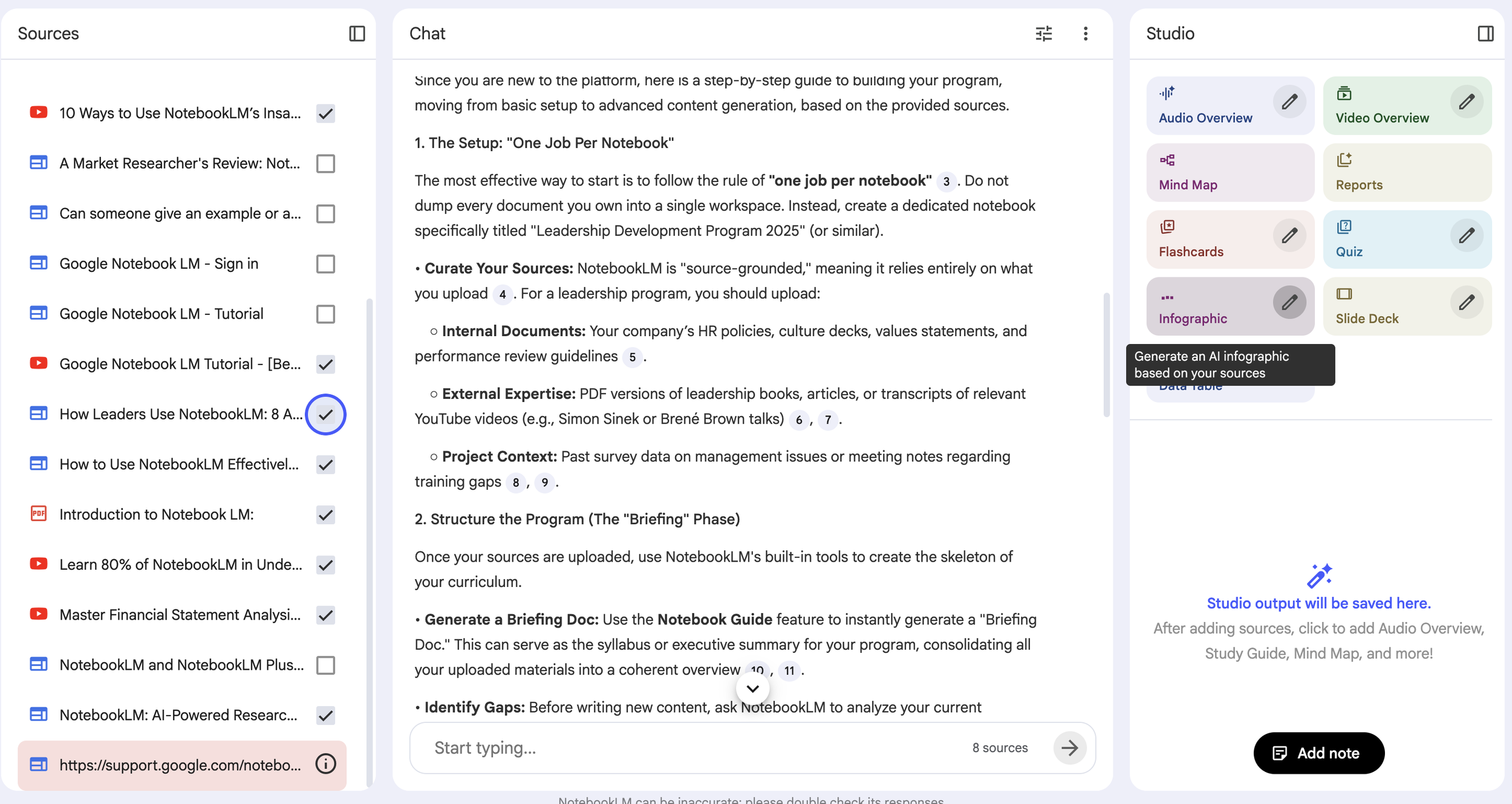 Screen shot of NotebookLM showing the source list, chat and studio functions together