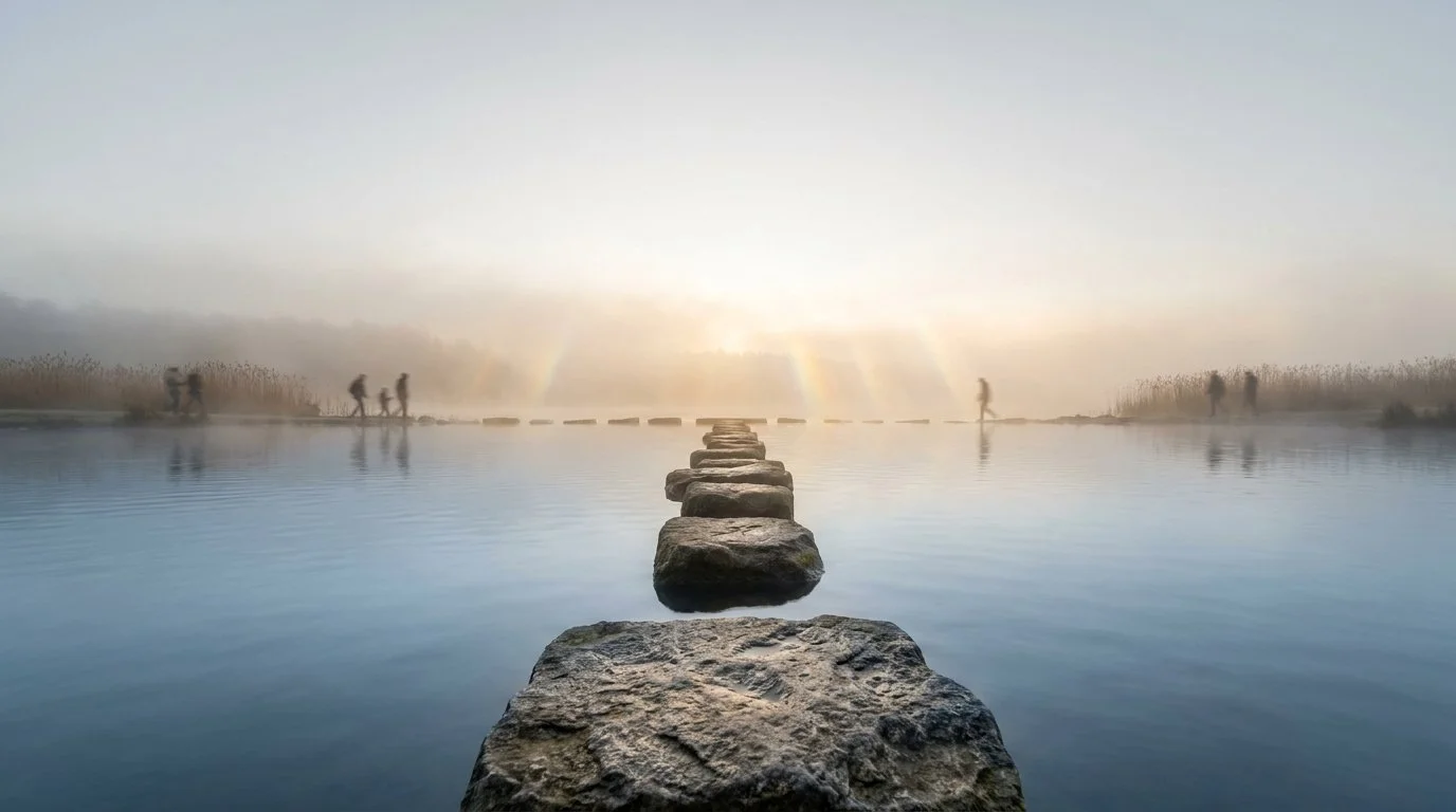 A centered perspective of a clear path made of rustic stone stepping stones stretching across a perfectly calm, smooth lake into a foggy, misty horizon at dawn, with faint silhouettes of people walking on distant shores.