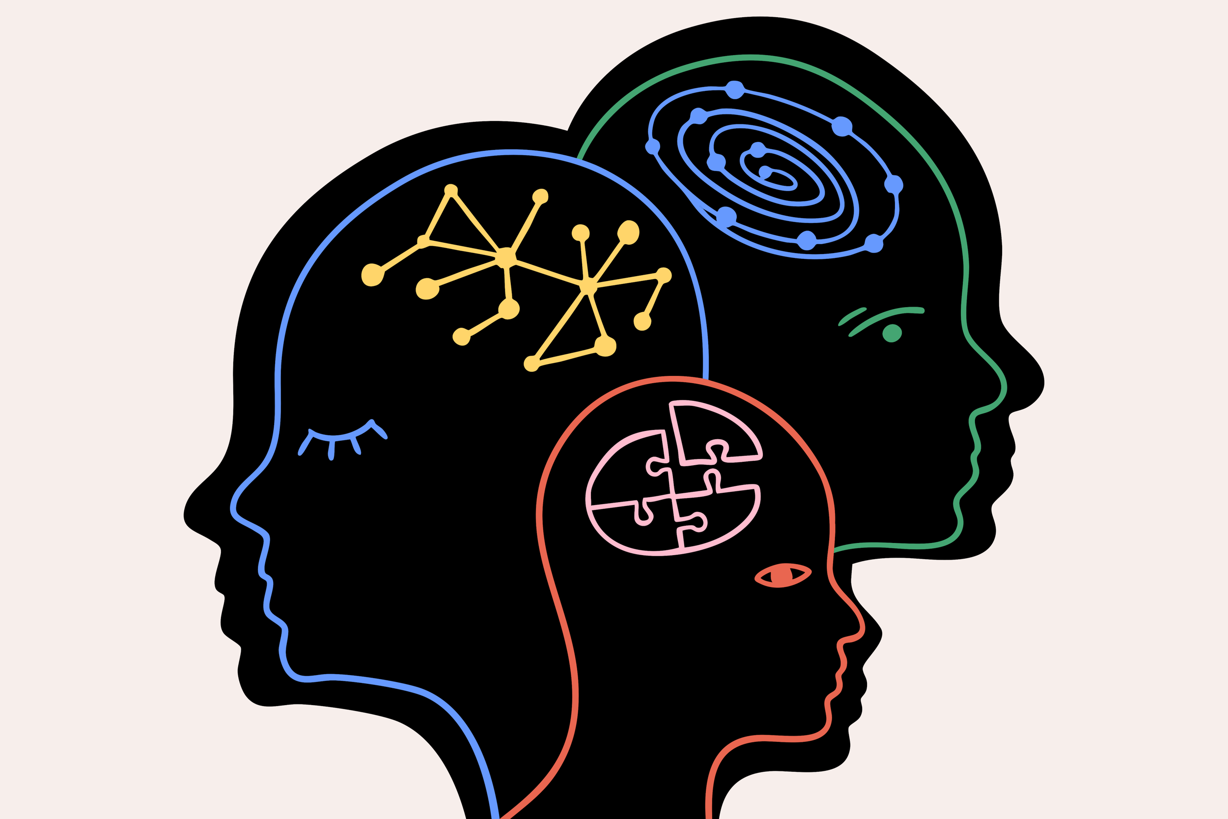 Three overlapping stylized silhouettes of human heads in black, each outlined in a different color (blue, green, orange) and containing unique icons like a network, a spiral, and a puzzle.