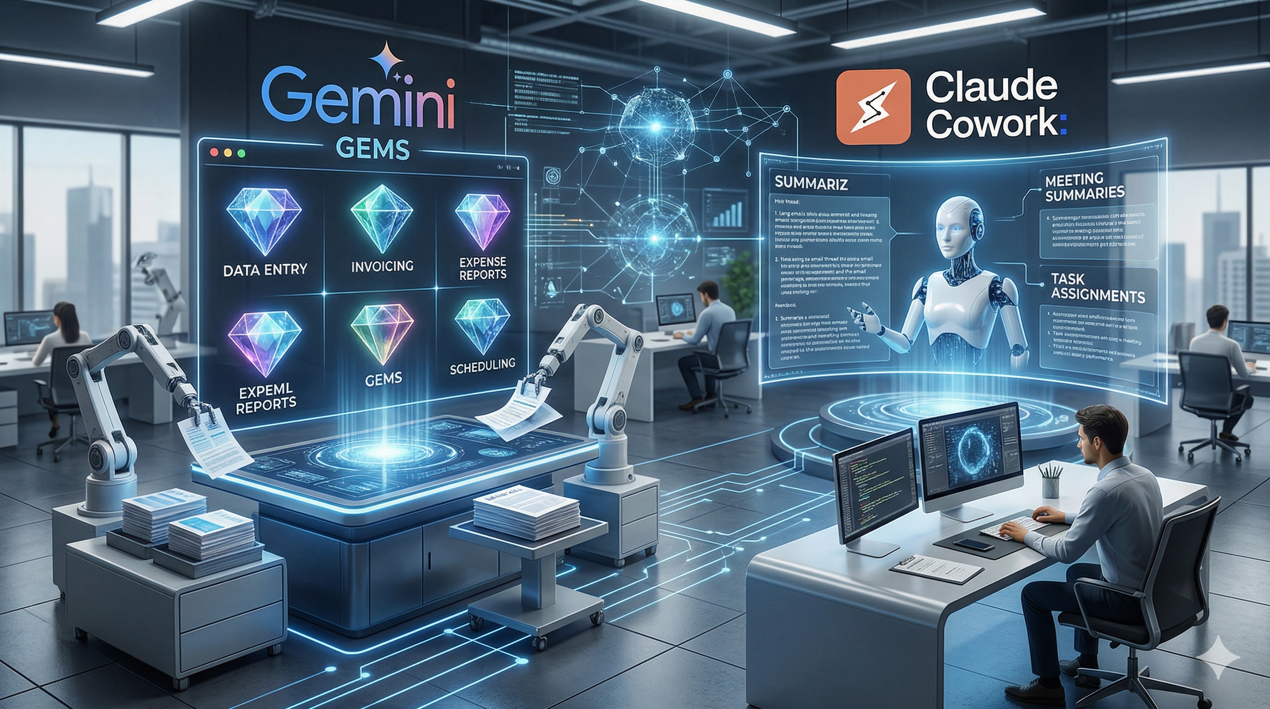 A futuristic, high tech office environment where human leaders work alongside robotic arms and digital displays representing Gemini Gems and Claude Cowork managing invoicing, data entry, and meeting summaries.