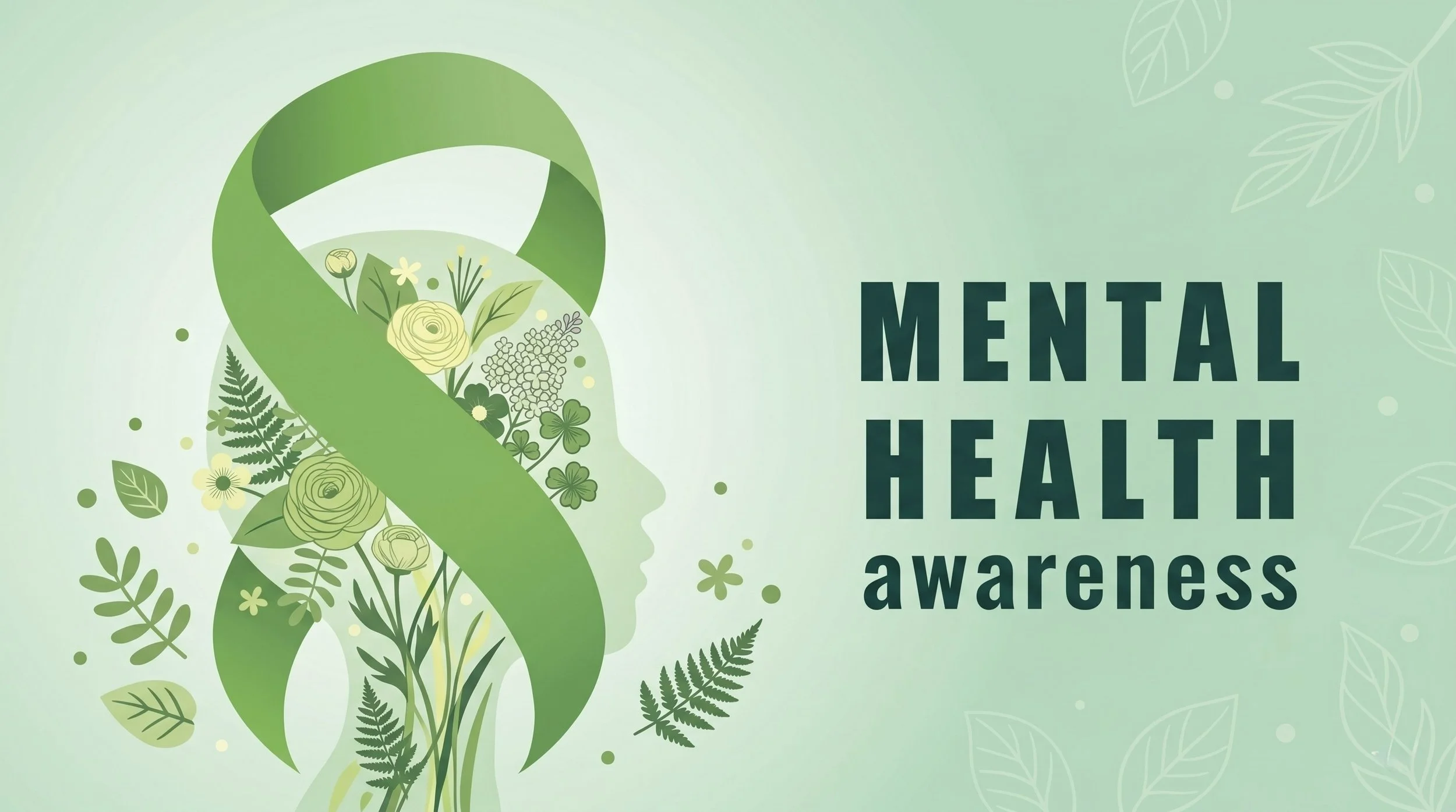 A stylized graphic for Mental Health Awareness Month featuring a profile silhouette of a human head filled with green flowers and leaves, partially enclosed by a large green awareness ribbon.