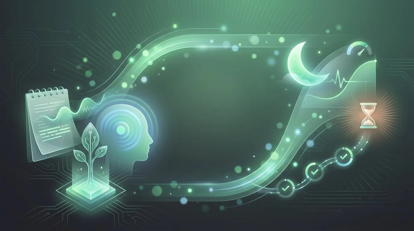 A conceptual digital interface showing a glowing human profile surrounded by icons for journaling, growth, sleep cycles, and task completion on a circuit board background.