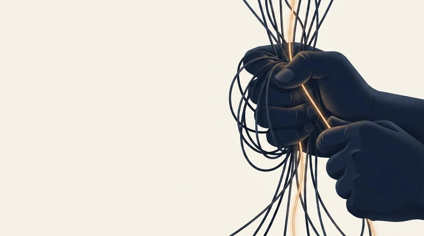An illustrative graphic of two dark-toned hands tightly clutching a tangled bundle of black wires, with a single bright orange-gold wire glowing amidst the grip against a plain off-white background.