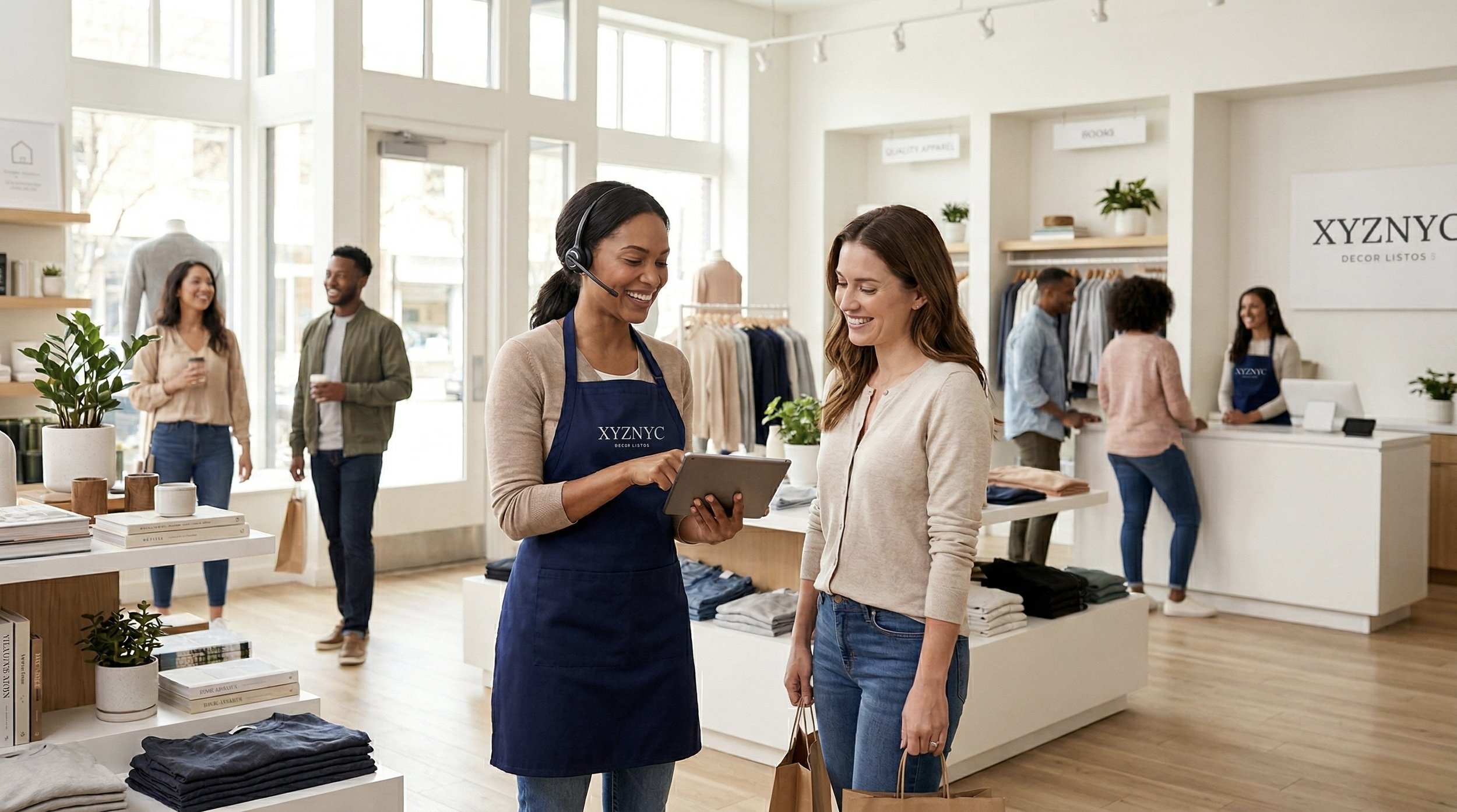 A smiling retail associate in a navy apron assisting a customer with a tablet in a bright, modern clothing store, demonstrating a personalized and frictionless plus up interaction.