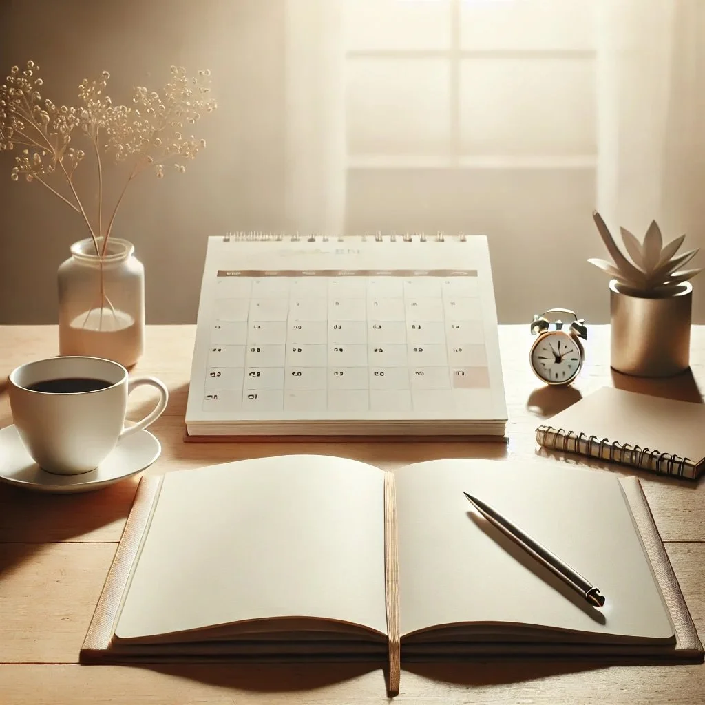 A sepia toned image of a wooden desktop which holds an open journal, pen, calendar, clock, a cup of coffee, and two plants.