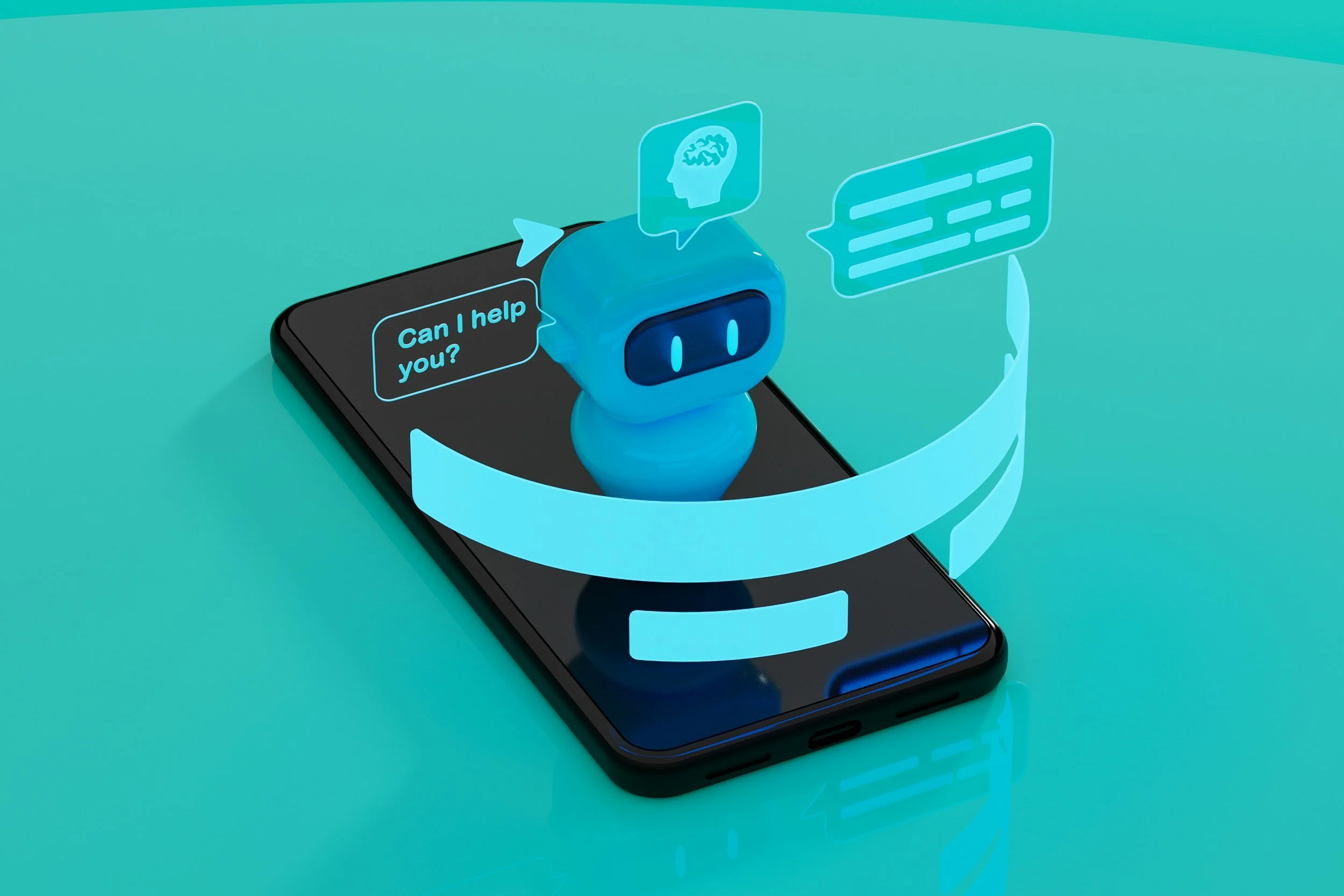 A 3D stylized blue robot character emerging from a smartphone screen with digital speech bubbles, representing the integration of AI assistance in mobile retail technology.