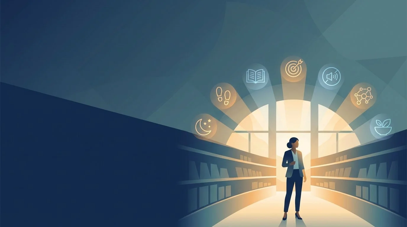 A professional retail leader stands thoughtfully in a store aisle, surrounded by glowing icons representing sleep, movement, learning, focus, solitude, networking, and nutrition.
