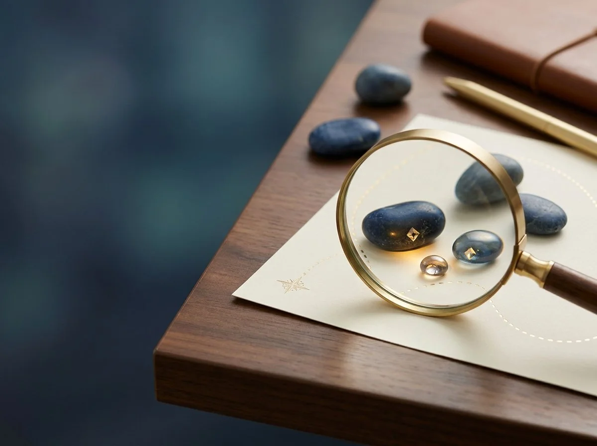 A close up photograph of a brass magnifying glass focusing on polished blue stones and a gold star icon on cream paper, set on a dark wood desk next to a gold pen and leather journal.