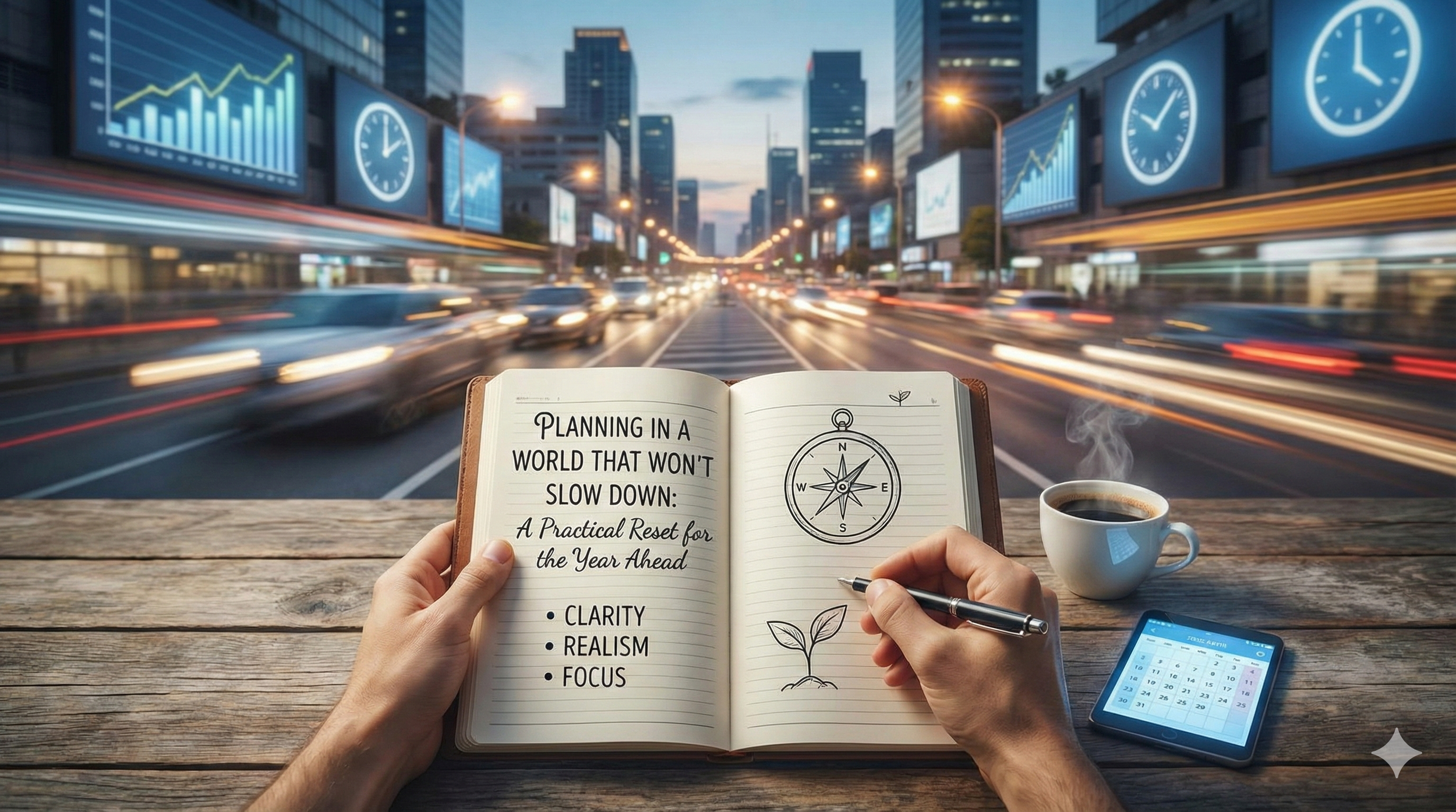 Retail leader planning a New Year strategic reset in a journal to manage fast-paced store operations, focusing on clarity, realism, and focus amidst a busy city backdrop.
