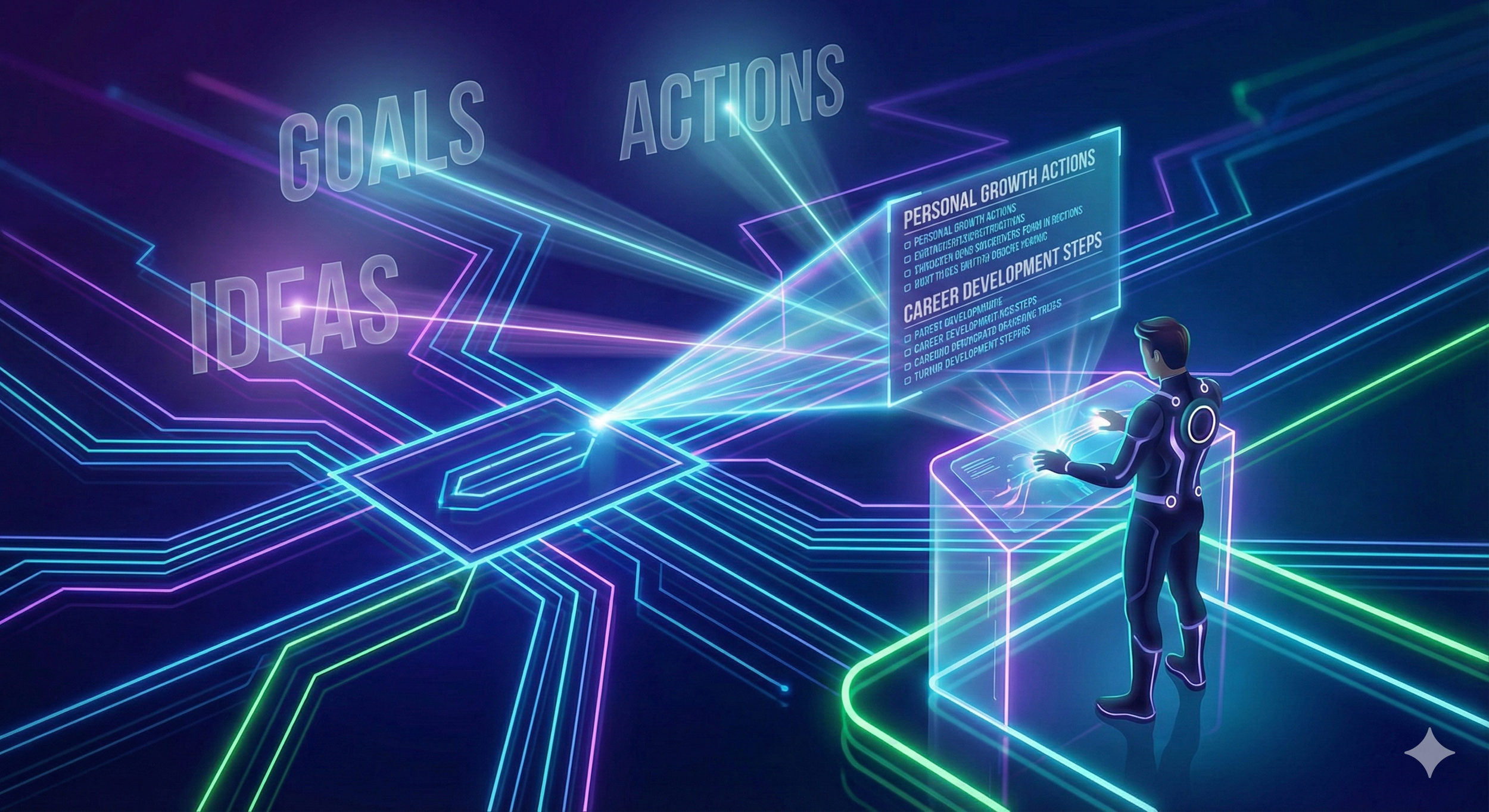 Futuristic digital illustration of a person interacting with a holographic interface displaying GOALS and ACTIONS, connected by glowing blue and purple circuit lines, representing AI-assisted goal setting and strategic planning.