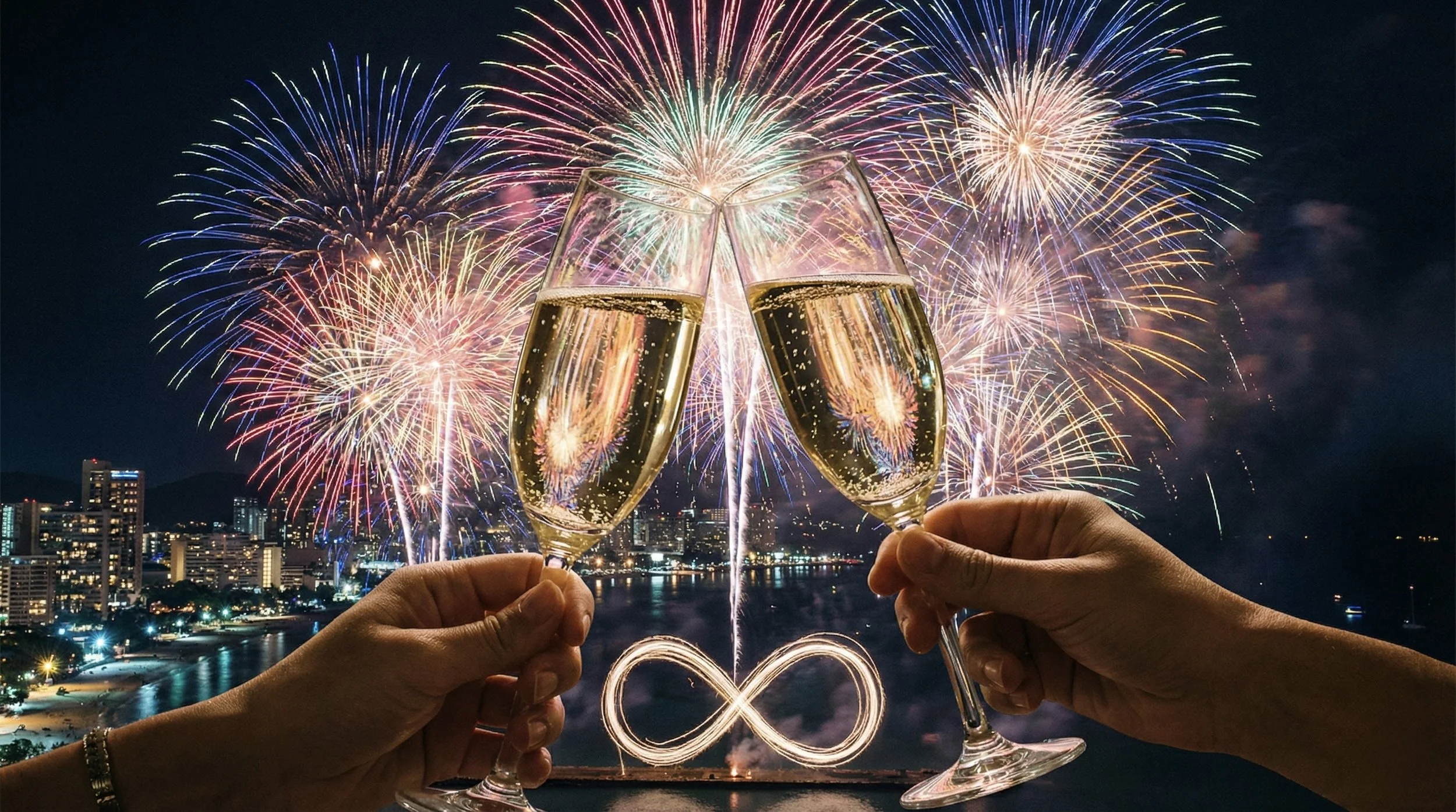 Two hands clinking champagne glasses in front of a colorful firework display and a glowing infinity symbol above a coastal city at night, symbolizing infinite possibilities for business growth and leadership success in 2026.