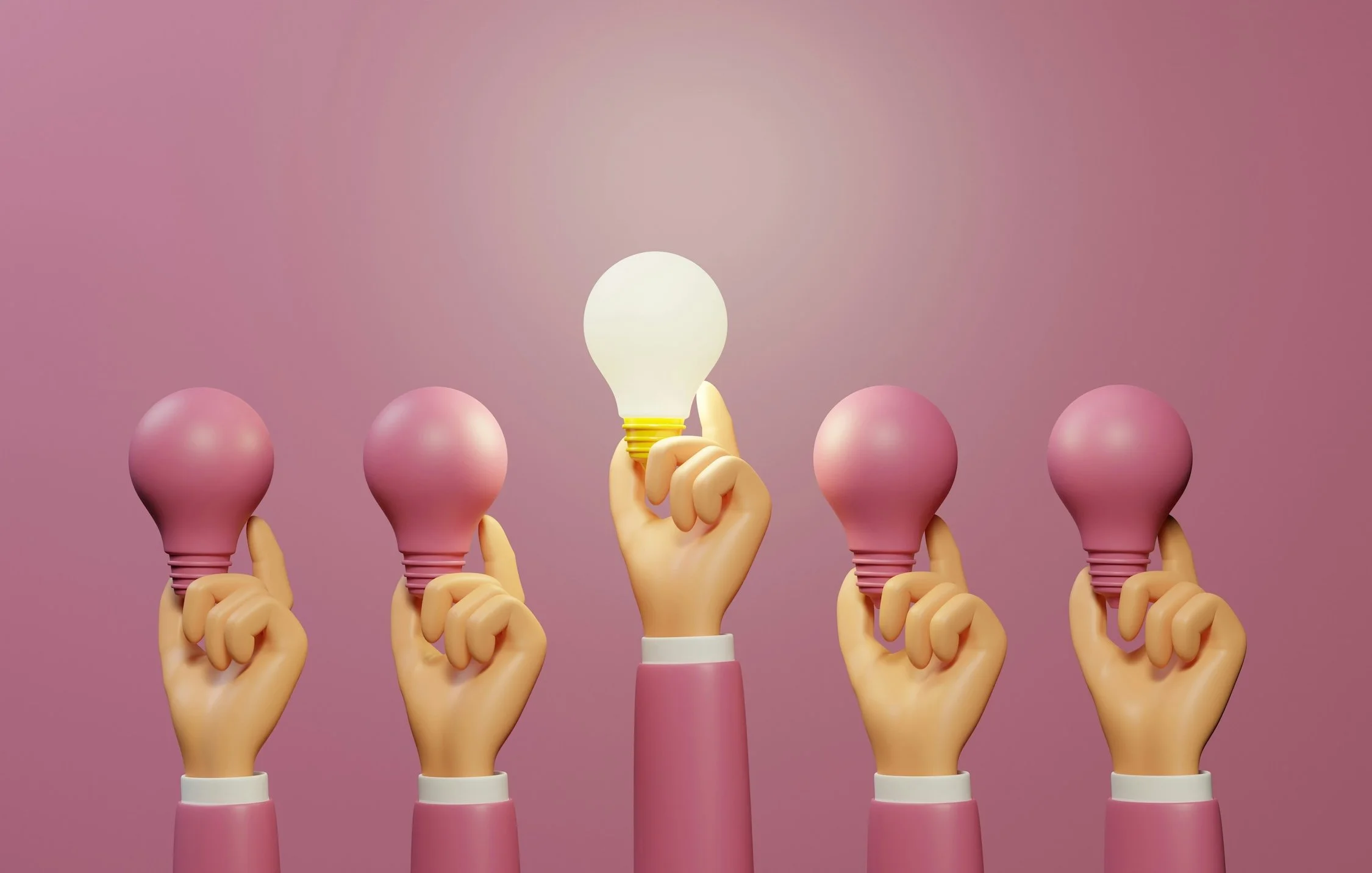 5 plastic looking hands with white skin are shown in a line, holding up light bulbs. The center one is lit and white, the other 4 are pink.
