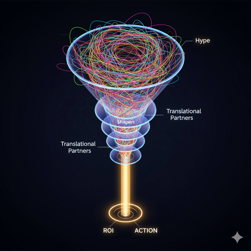 A technical infographic of a multi-tiered glass funnel where colorful tangled lines at the top are refined into a singular, glowing beam of light labeled "Action."
