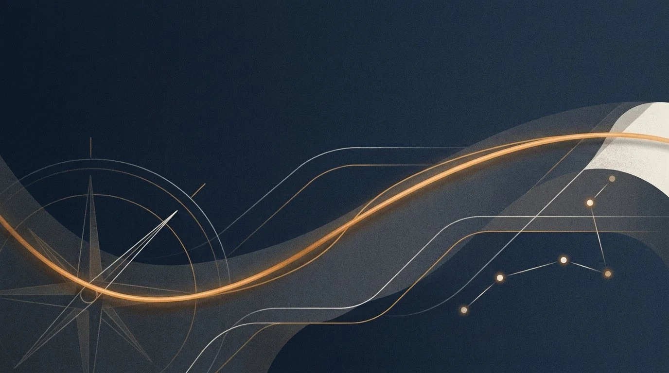 An abstract illustration of a glowing gold curved pathway flowing horizontally across a dark blue background, with fine gold lines depicting a compass rose on the left and a constellation on the right to symbolize strategic direction.