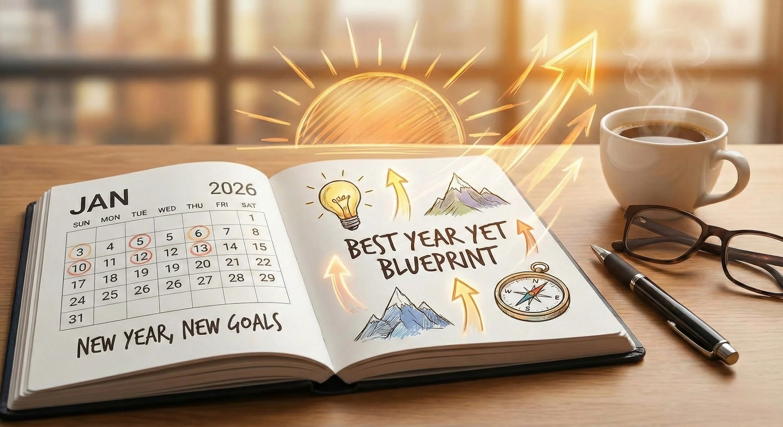 Open planner for January 2026 showing "BEST YEAR YET BLUEPRINT" with drawings of a lightbulb, upward arrows, mountains, and a compass, next to a pen, glasses, and coffee cup. New Year's goal setting and planning concept.