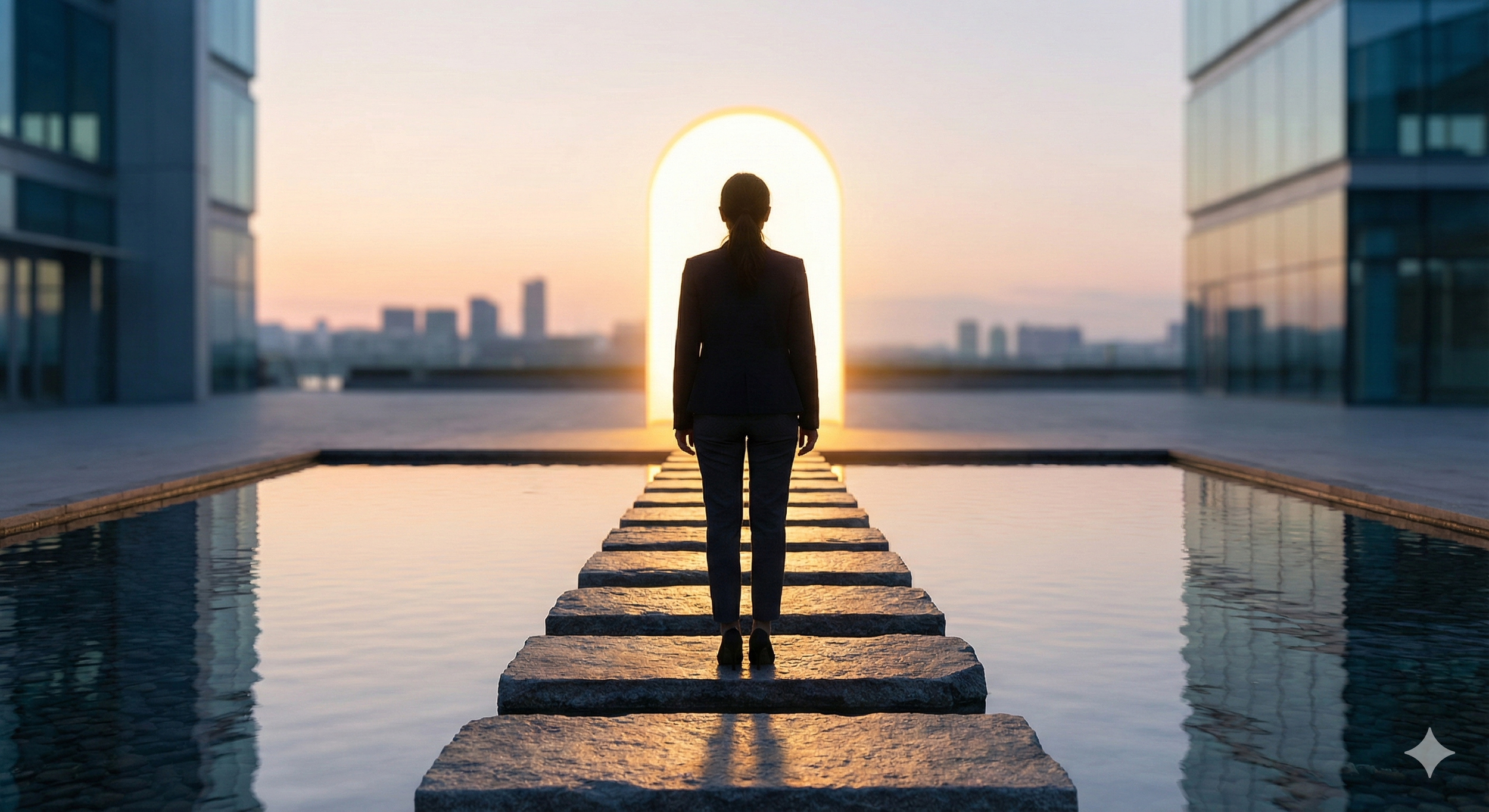 A retail leader walking with steady focus across stepping stones toward a bright future in a corporate cityscape.