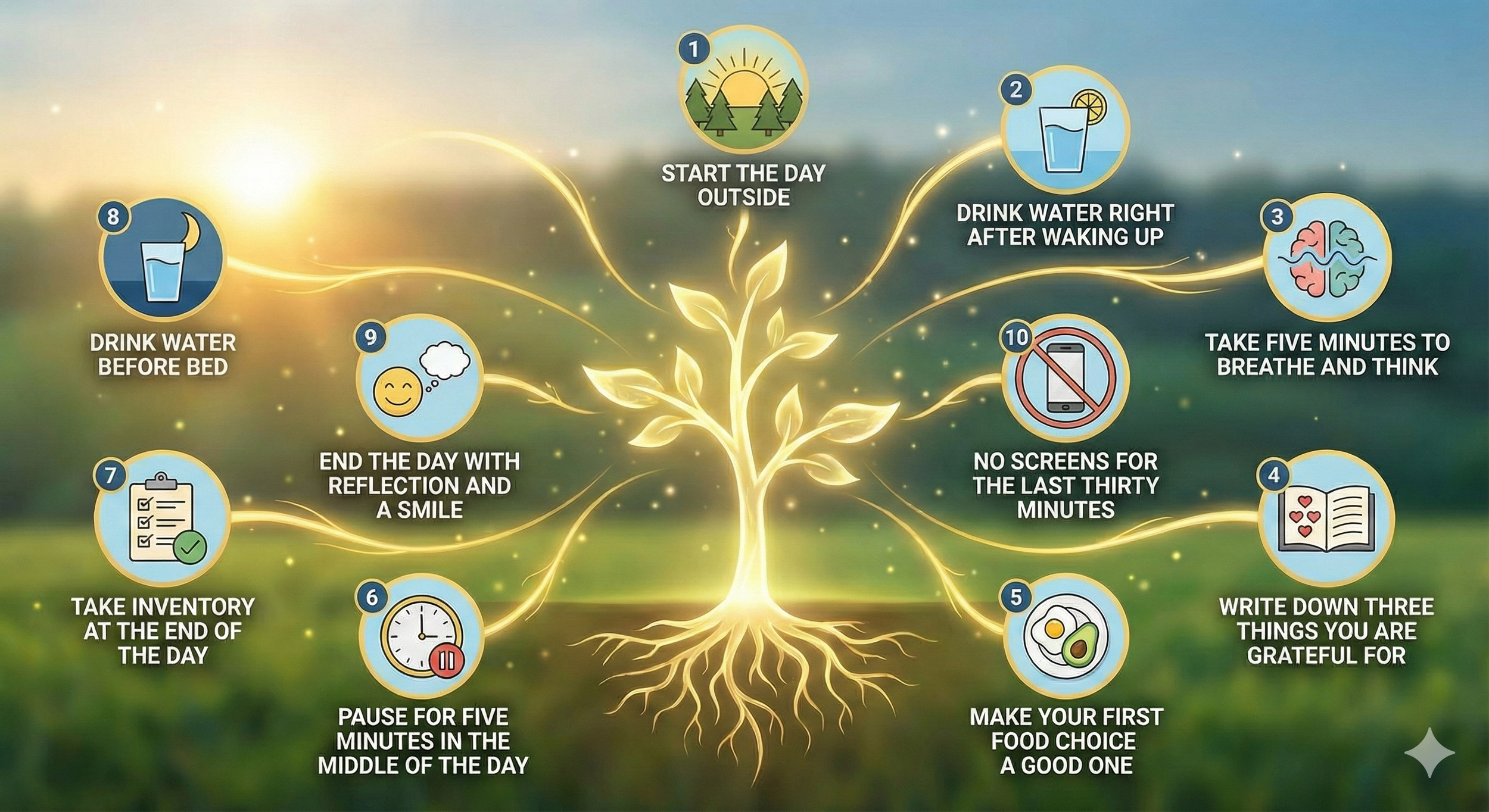 Visual guide for a practical New Year reset showing ten micro habits designed to improve clarity and team leadership through consistent personal wellness practices.