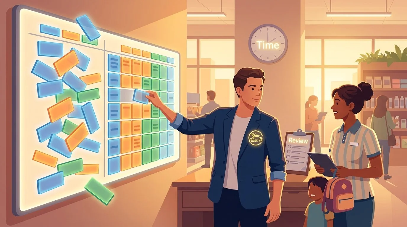 An illustrated retail manager using a colorful planning board to find creative solutions for a team member’s scheduling request, symbolizing the TRY framework of Time, Review, and You Own It.