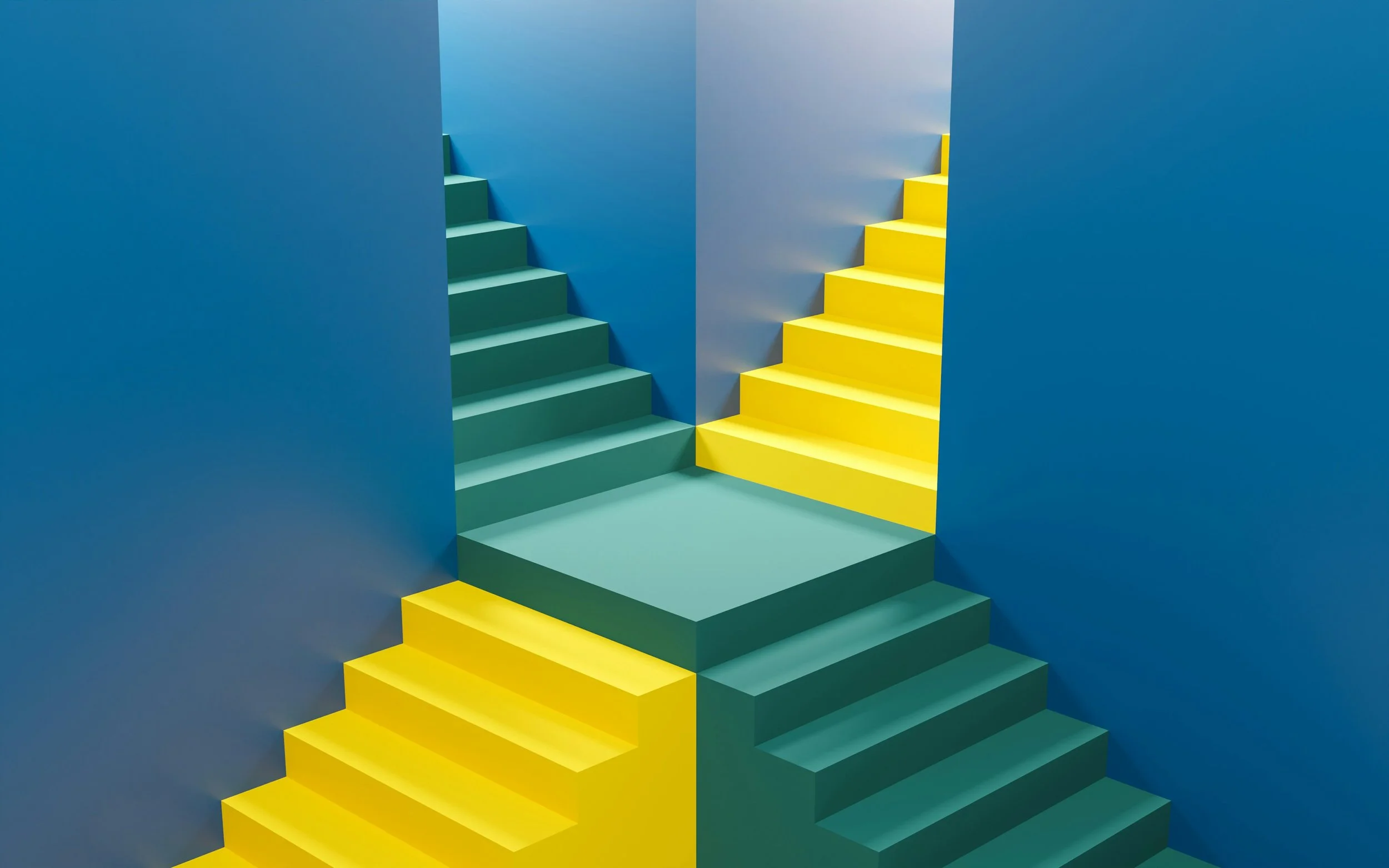 Minimalist 3D architectural rendering featuring intersecting yellow and teal staircases leading upward through blue walls toward bright doorways, symbolizing career advancement and leadership steps in retail.