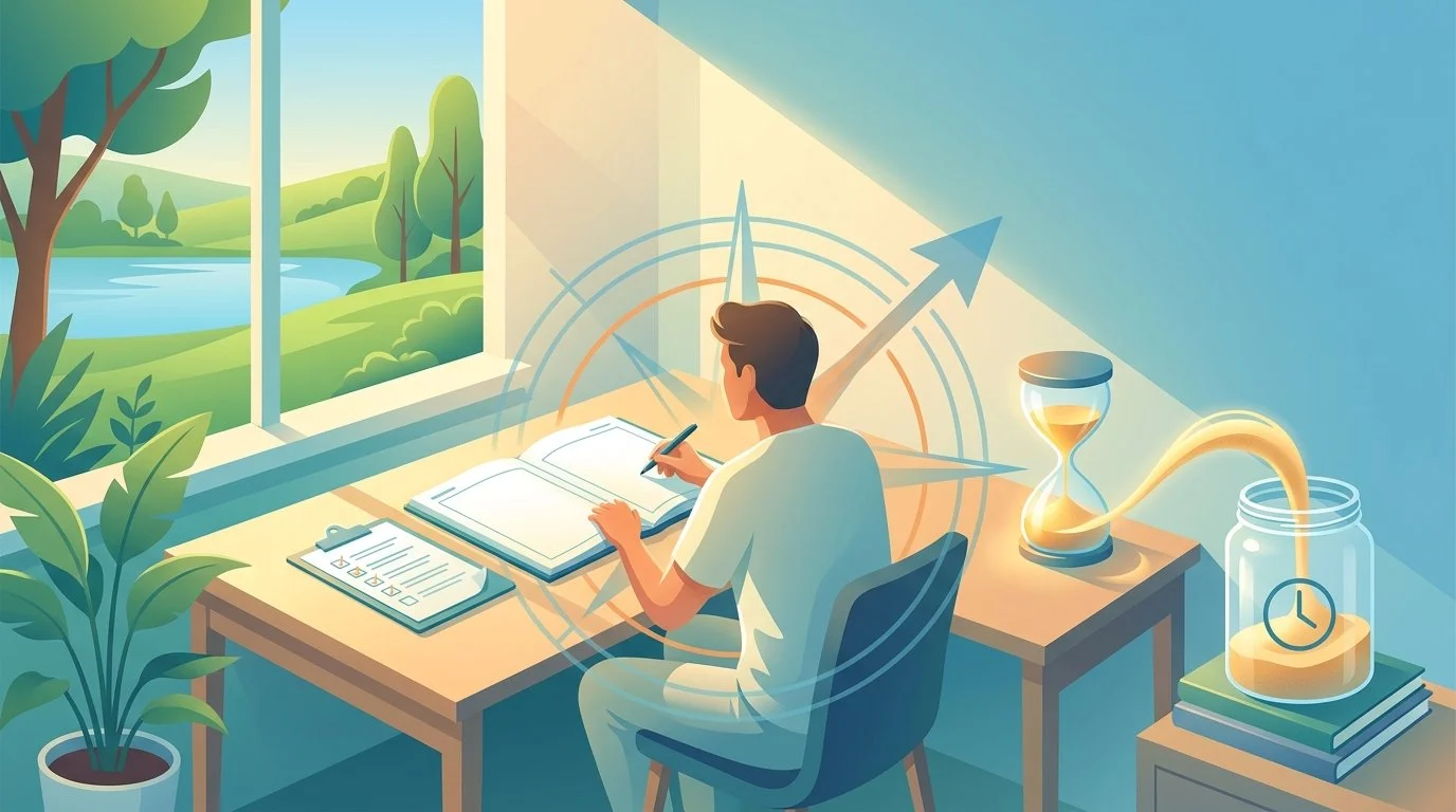 A person sits reviewing an open notebook and clipboard by a window. A large transparent compass dial is overlaid across the center scene, while an hourglass on the right pours sand into a glass jar marked with a clock icon.