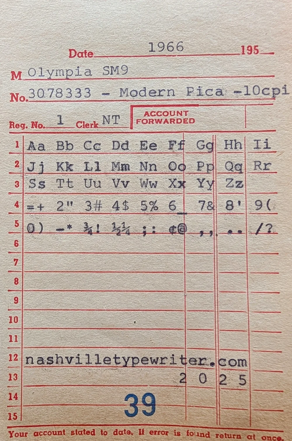 1966 Olympia SM9 **RARE TYPEFACE** — Nashville Typewriter