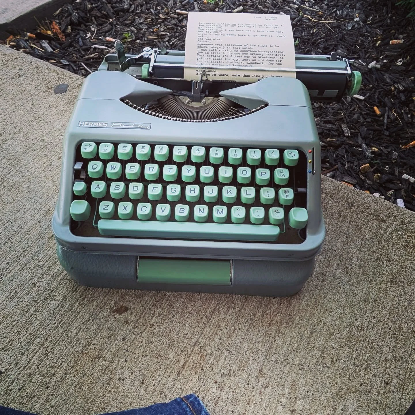 Meanwhile... 

Sure glad I drug my feet on this real id bullshit. 
On a positive note, I'm getting to freak out all the squares by sitting on the ground typing away. 😀

#nashvilletypewriter 
#typewriter 
#governmentwheelsturnslow