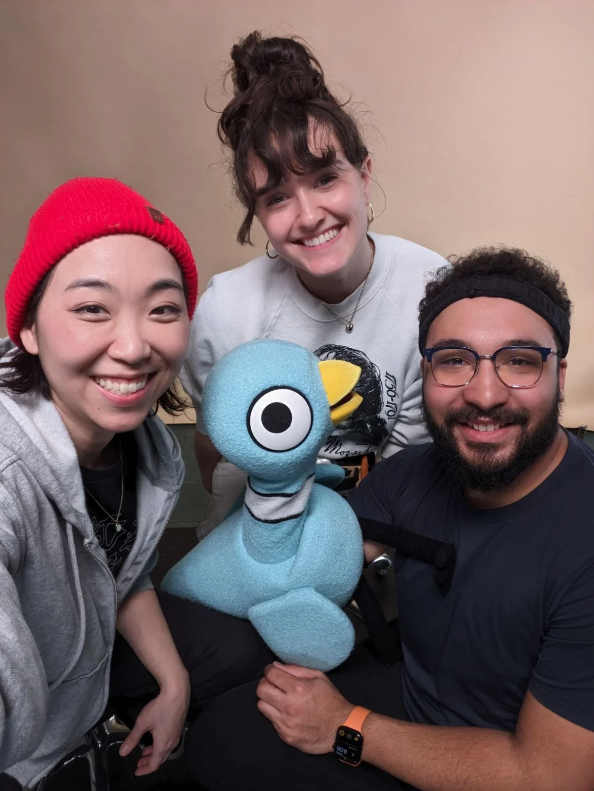 Rose with Kathy Kim and Bradley Freeman Jr. on the set of "The Pigeon Explains!"