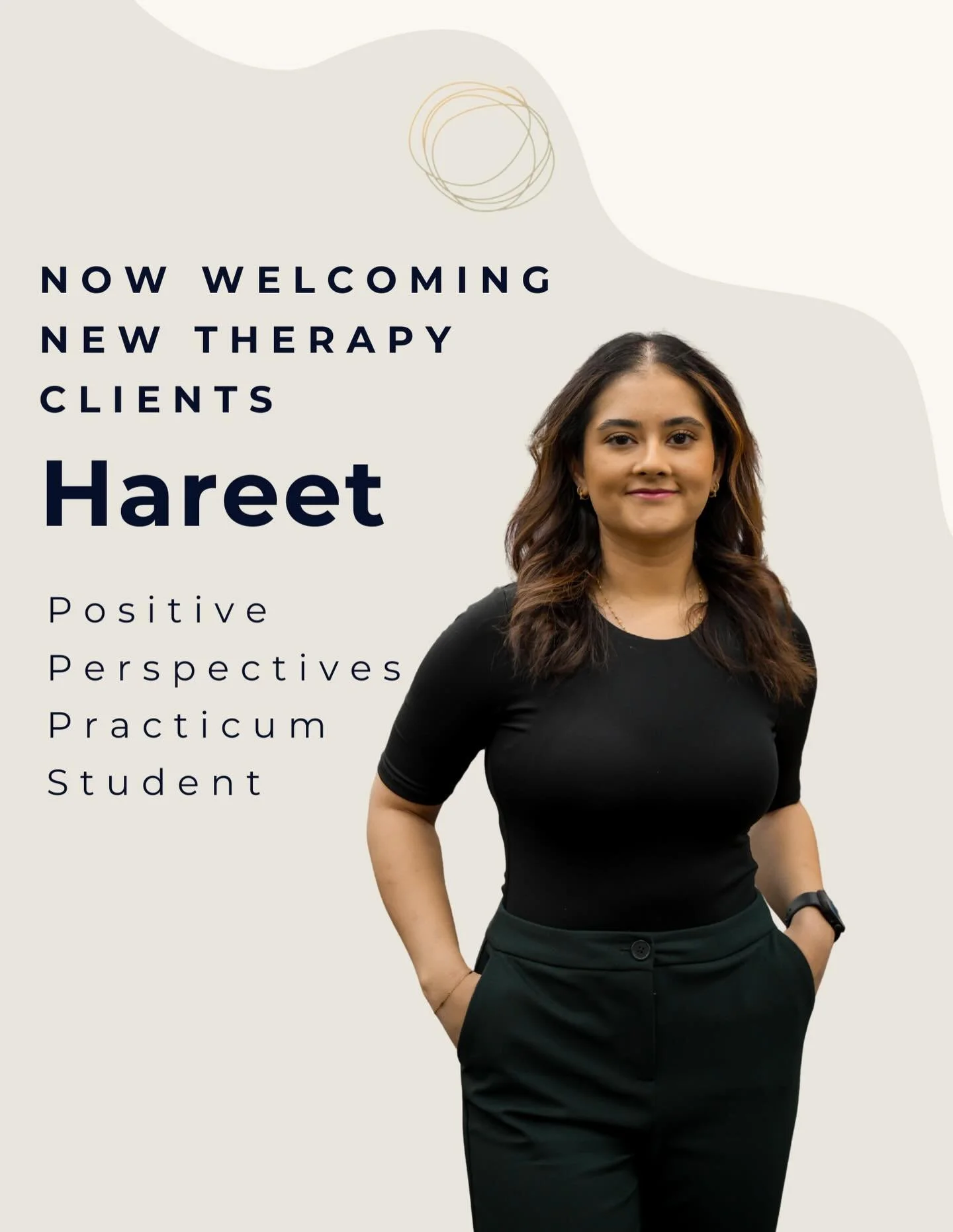 WELCOME @hareetjohaltherapy ☕✨

Allow us to make introductions...

&ldquo;Hi! My name is Hareet (she/her) and I&rsquo;m so excited to be joining the Positive Perspectives team as a Master&rsquo;s of Counselling Therapy student!

🌿 I&rsquo;ve always 