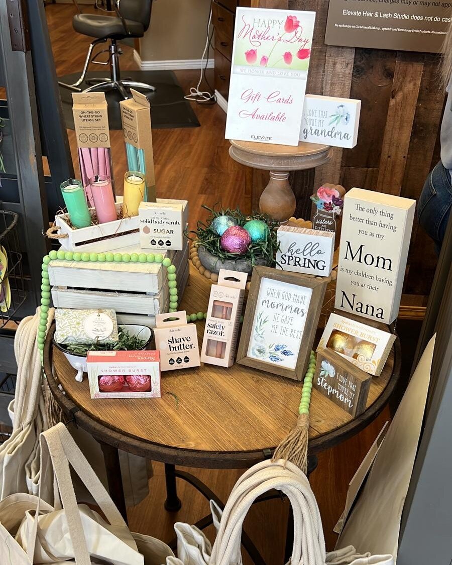 Check out part of our salon shop display for Mother's Day! Lots of great gift ideas to make your loved ones feel beautiful, help decorate, or just make them laugh 😄 super easy to pick up a nice gift next time you come in for lashes, hair, or nails w