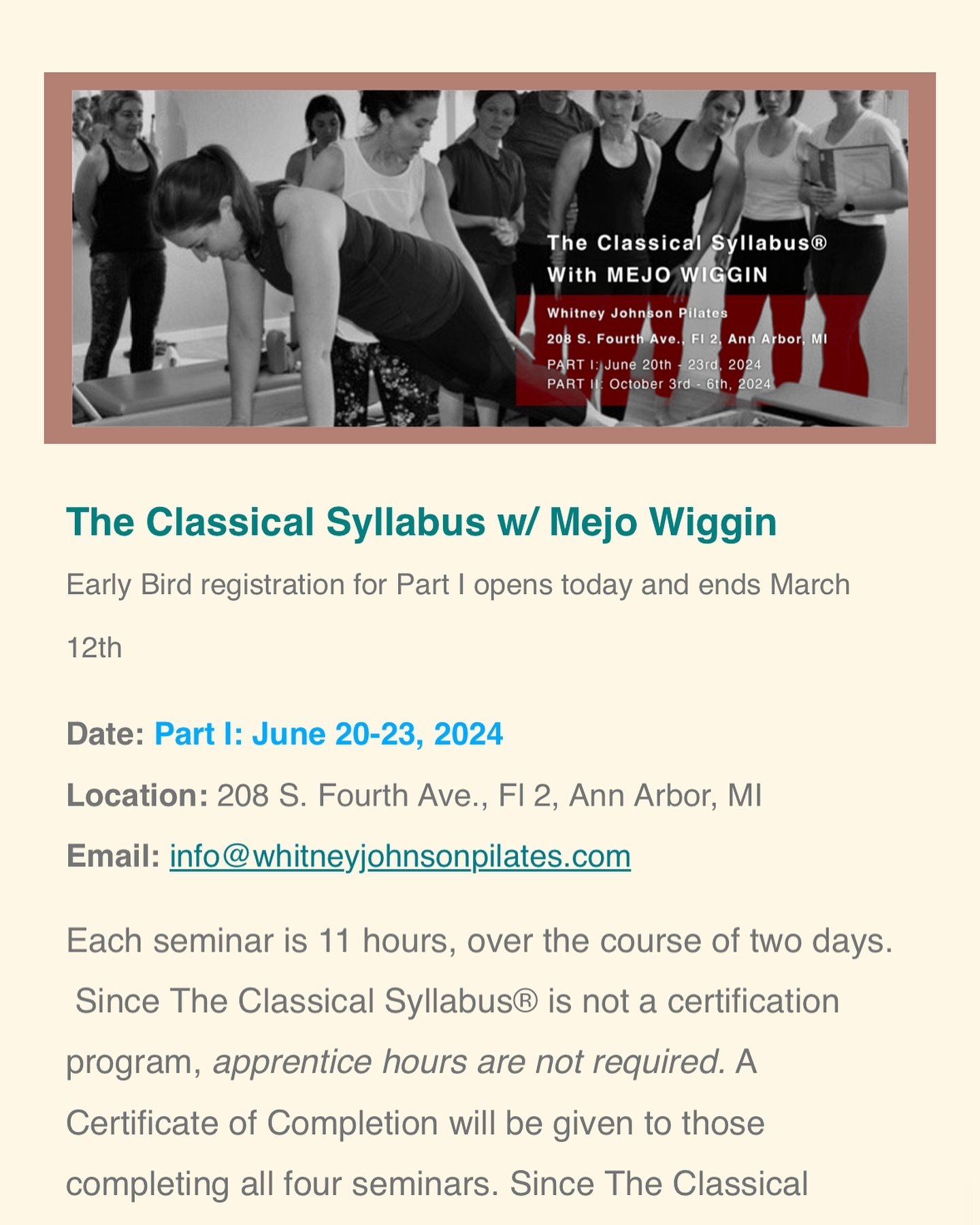 A shoutout to @gratz_pilates for featuring our upcoming workshop series with @mejowigginpilates in their most recent newsletter 👏 

Hope to see you at the Classical Syllabus! If you haven&rsquo;t snagged your spot yet, send me an email at info@whitn