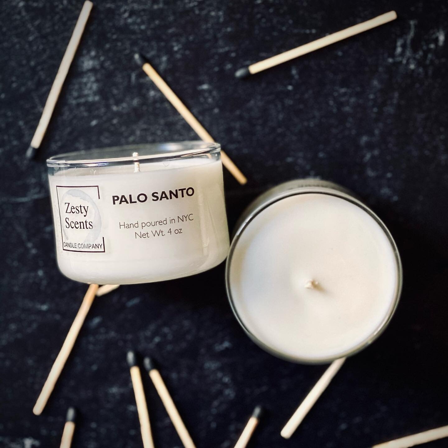 Palo Santo 🪔 - this scent went through many trials of error to mimic the mellow earthy and smokey aromas of a true Palo Santo stick⚡️

These 4oz. mini candles are perfect for restrooms and smaller living spaces. They burn for 25+ hours and are simpl