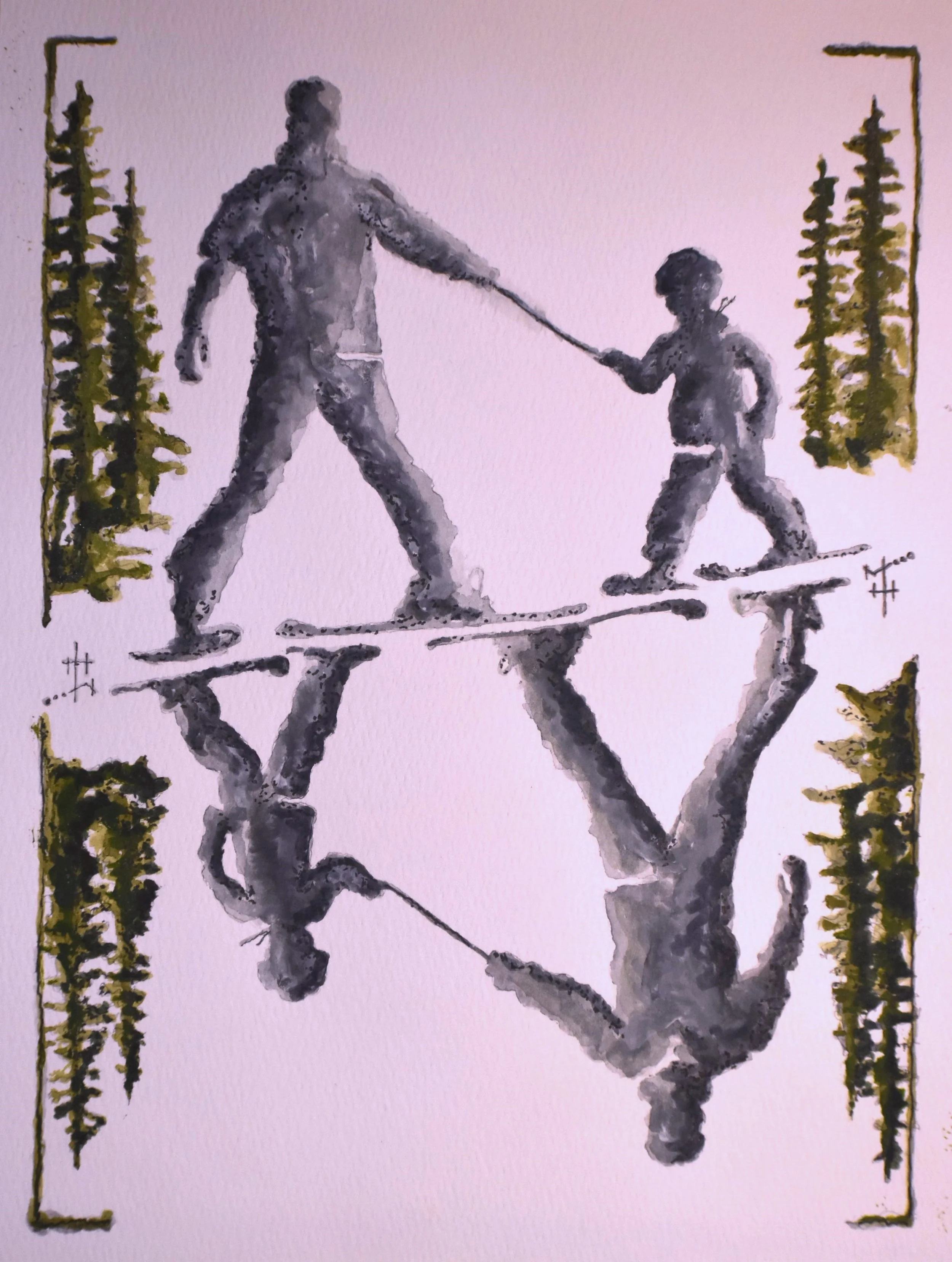 Farther and Son Skiing