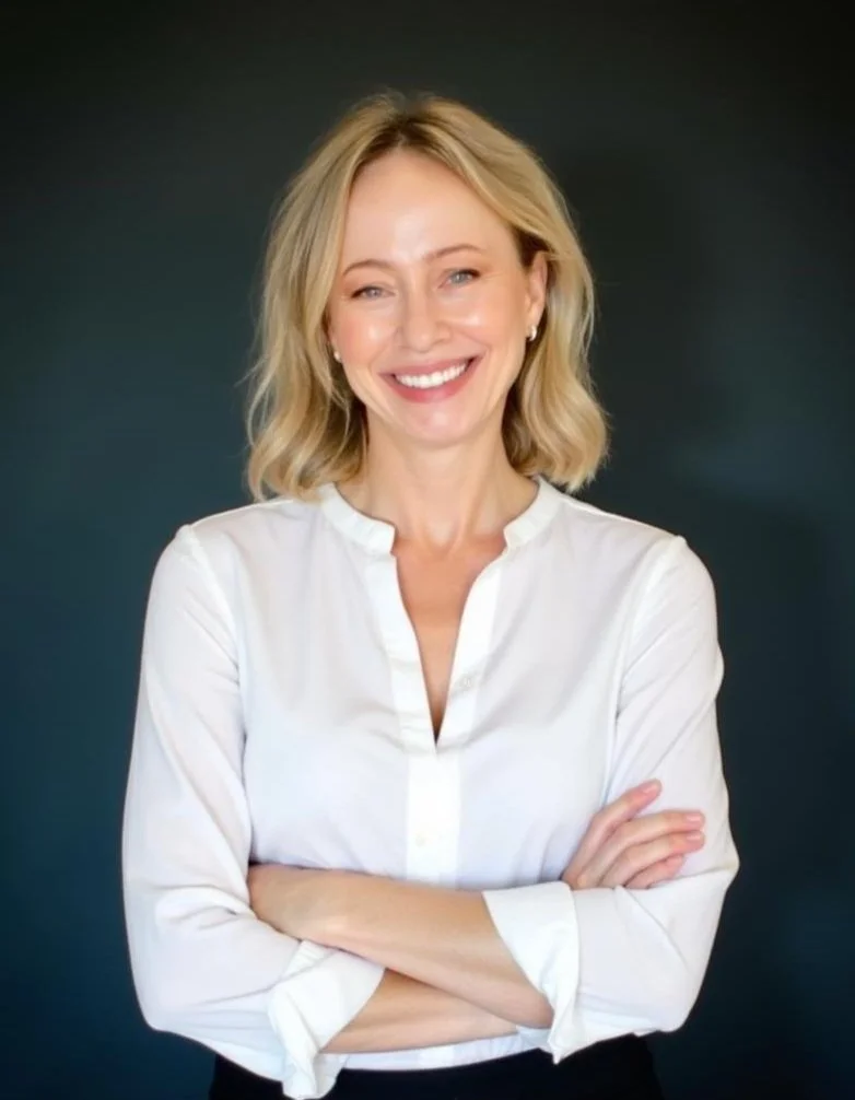 A smiling blonde woman with shoulder-length hair wearing a white button-up shirt and earrings, standing against a dark background.