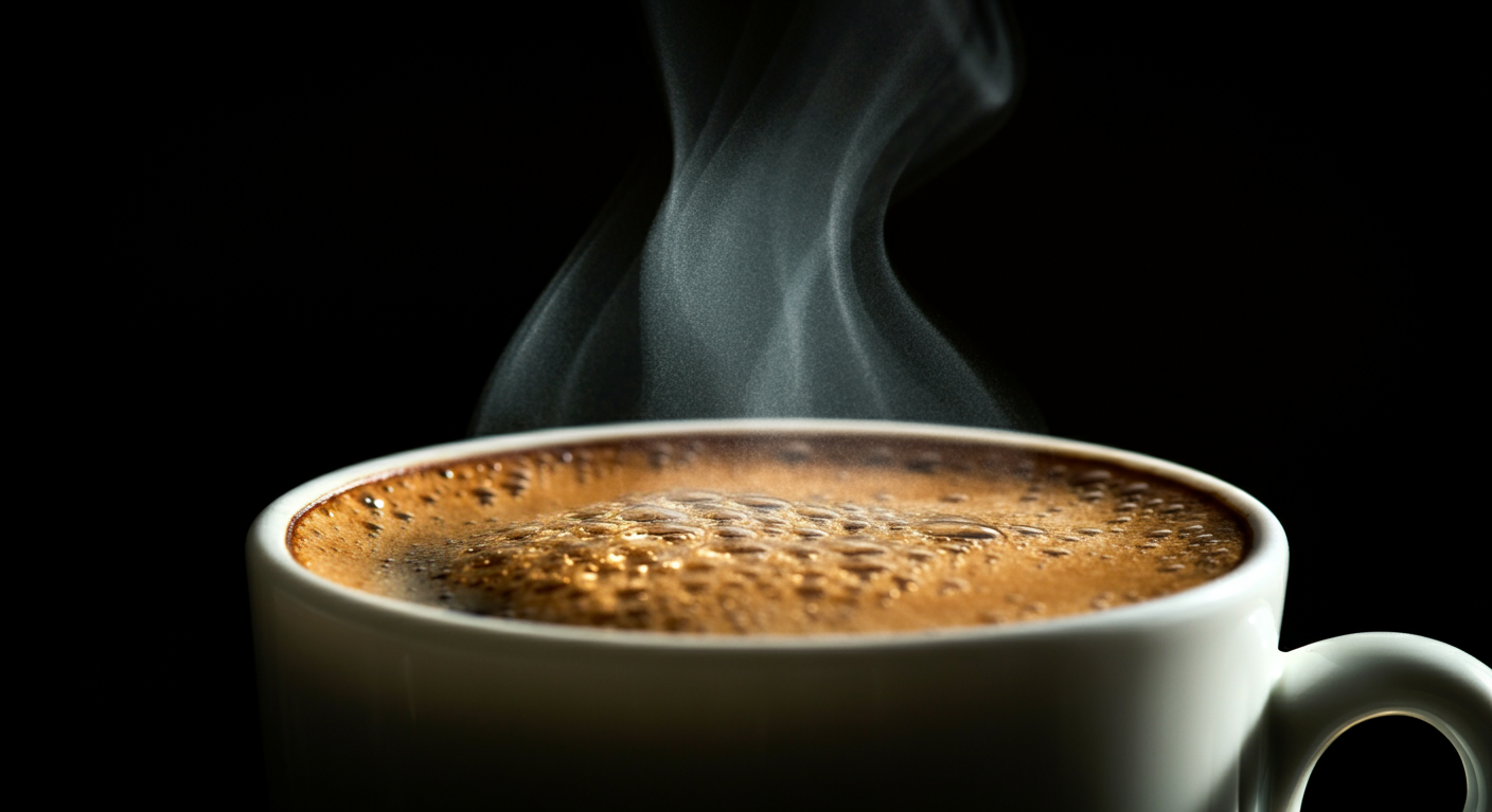 Close-up of a steaming cup of coffee on a black background.