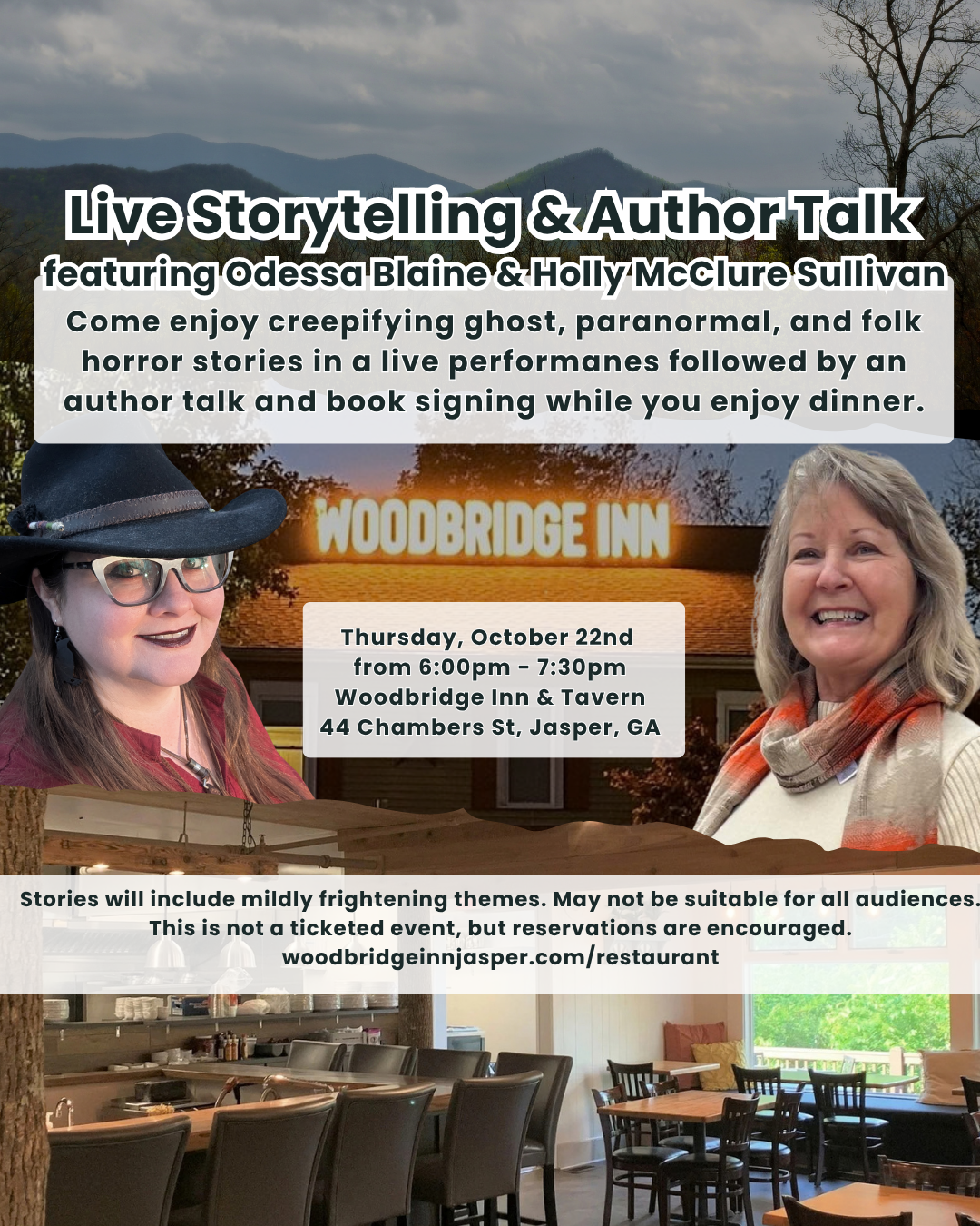 SPOOKY STORYTELLING &amp; AUTHOR TALK with Odessa Blaine &amp; Holly McClure Sullivan at Woodridge Inn &amp; Tavern