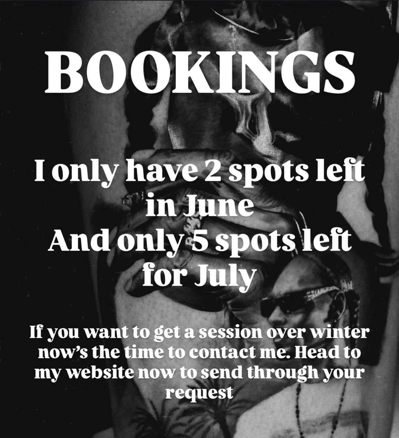 If you want to get tattooed in June/july/August now is the time to email and book! Very limited spots left. I have a few emails to get back to so these dates won&rsquo;t last very long!