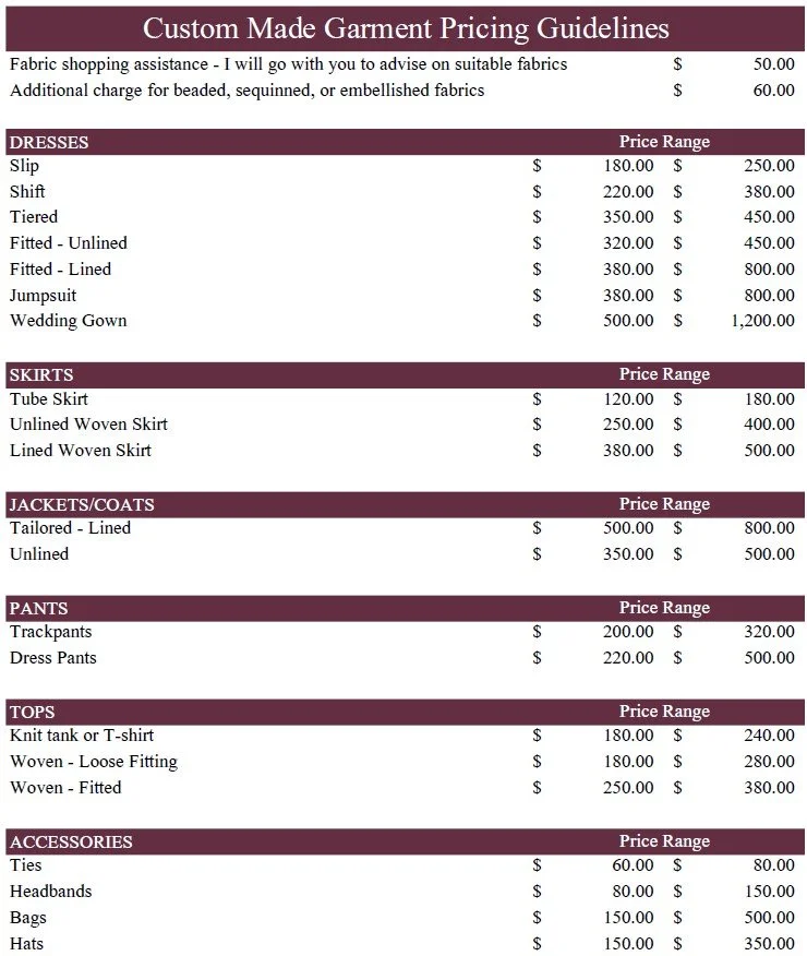Pricing — Custom Garments & Alterations